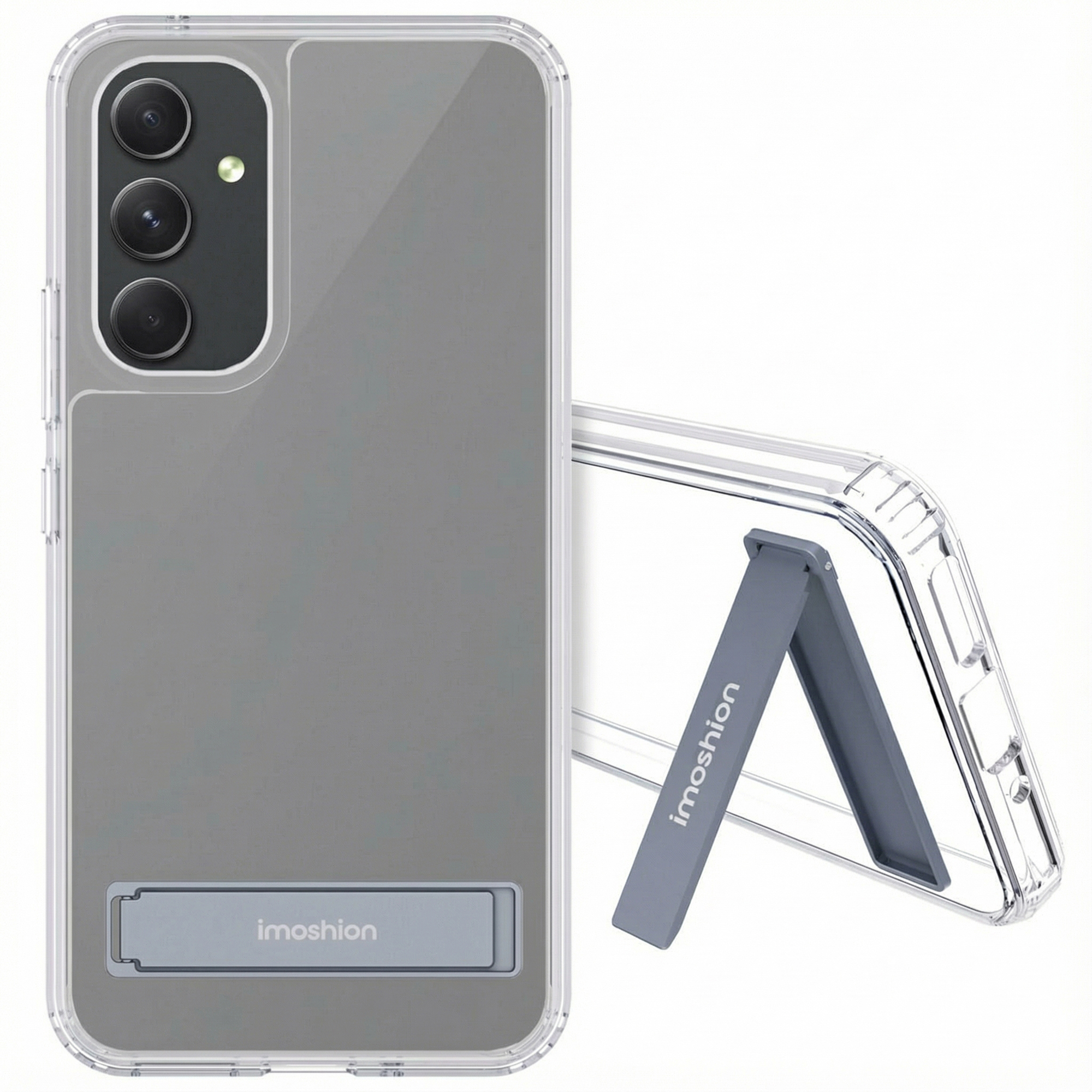 Doorzichtige telefoonhoes met geïntegreerde grijze standaard, camerapaneel linksboven.