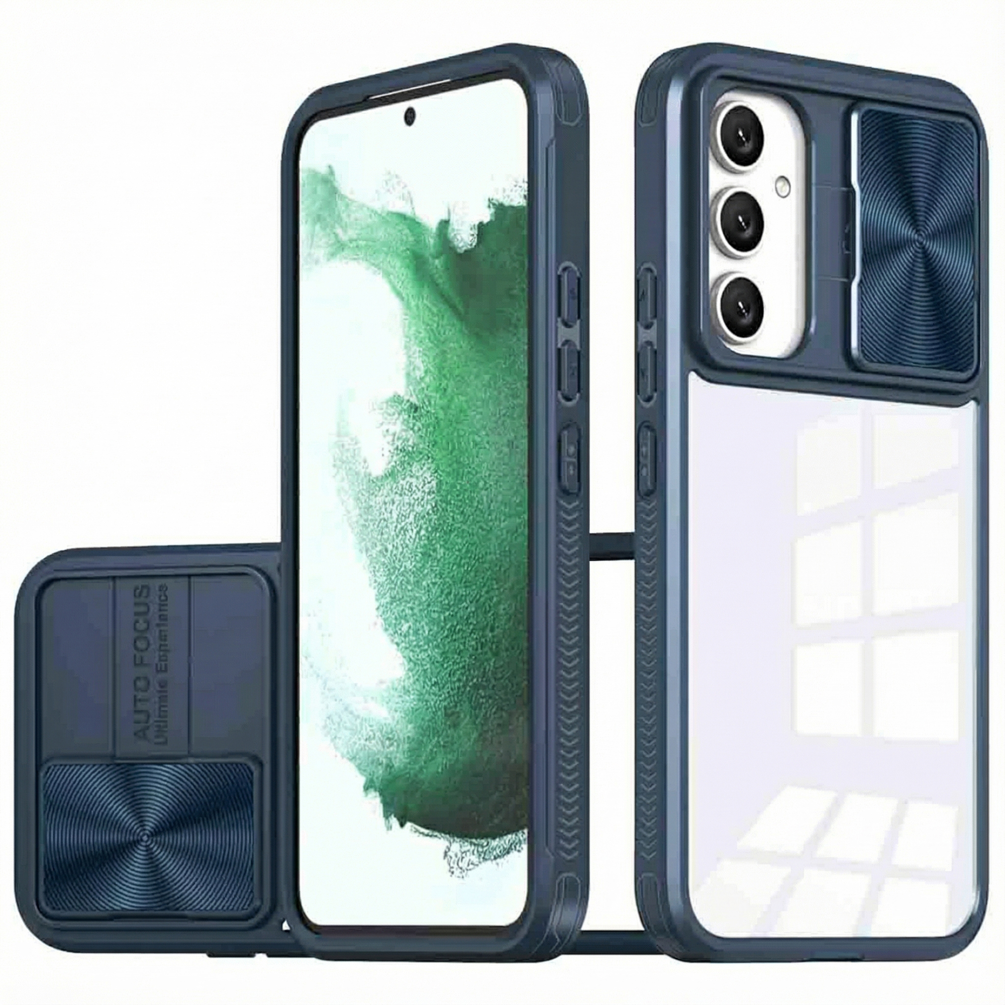 Donkerblauwe telefoonhoes met schuifdeksel voor camera en transparante achterkant.