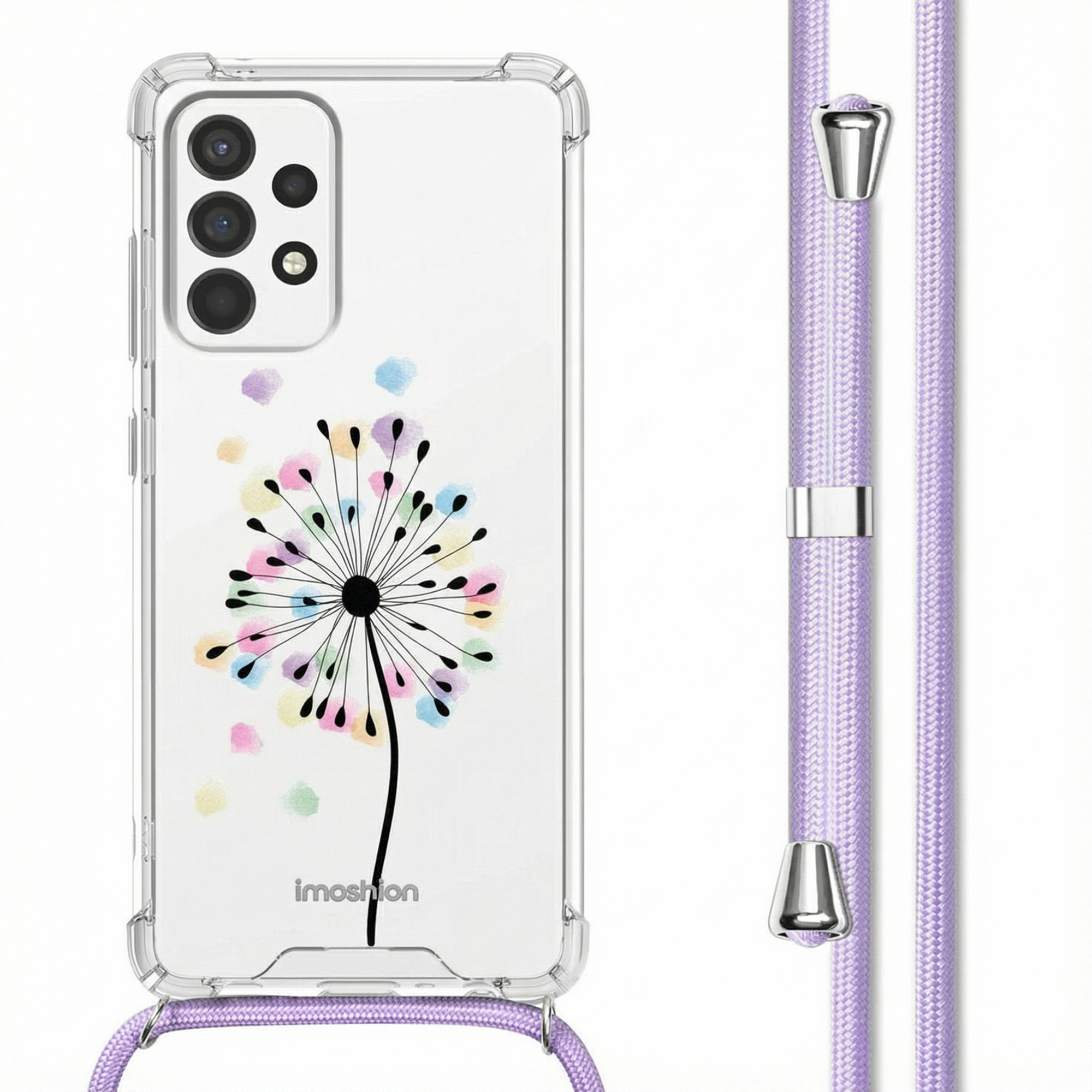 Coque transparente avec motif pissenlit et cordon violet.