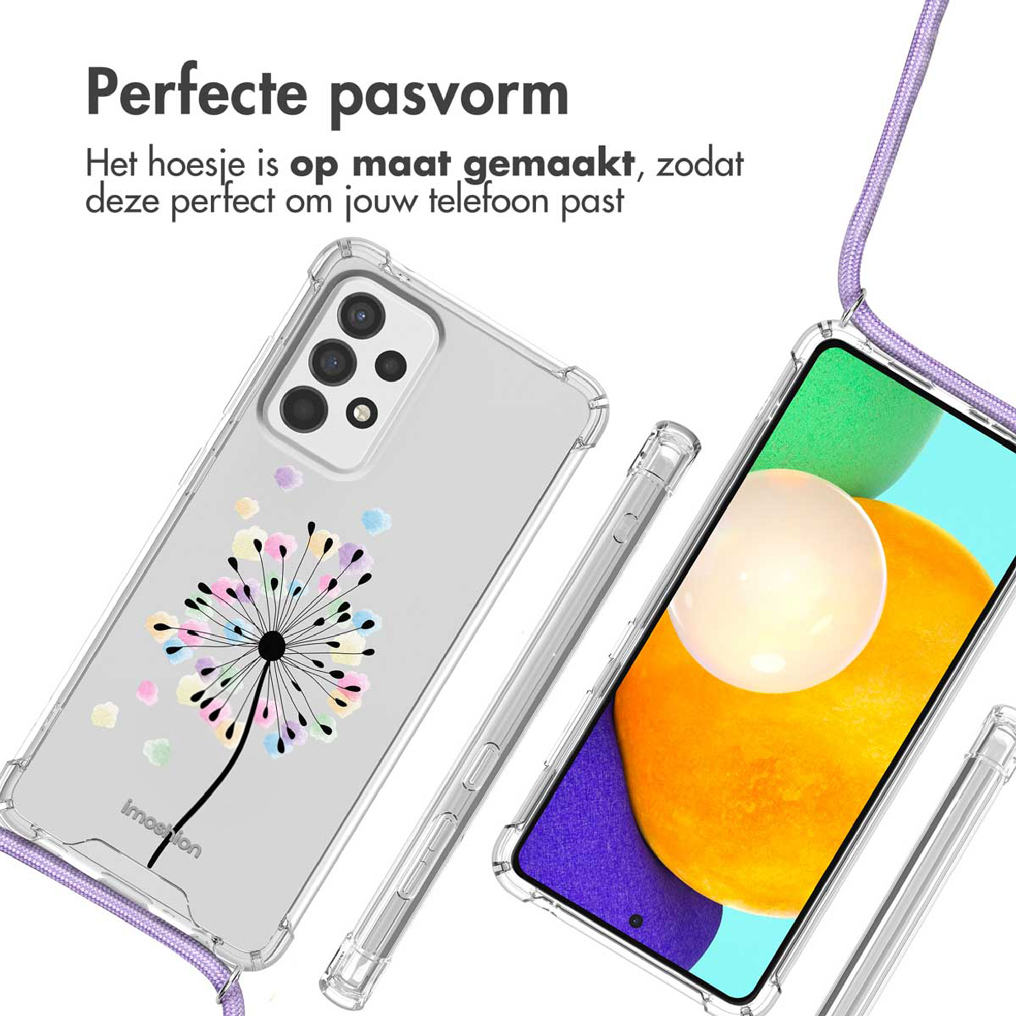 Coque de téléphone transparente avec motif pissenlit coloré et cordon.