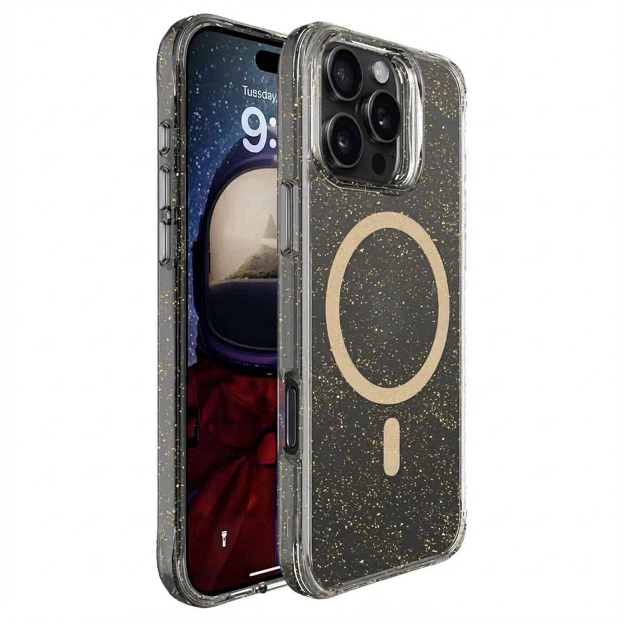 Een doorzichtige iPhone case met glitter, met een astronaut op het scherm.