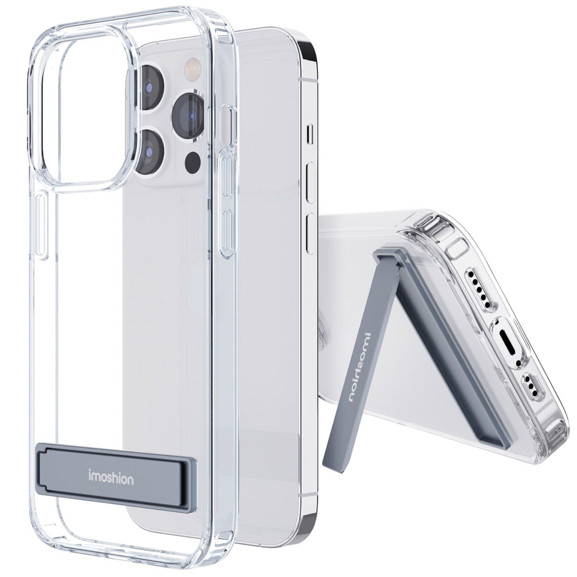 Coque de téléphone transparente avec support intégré, dos de téléphone blanc.