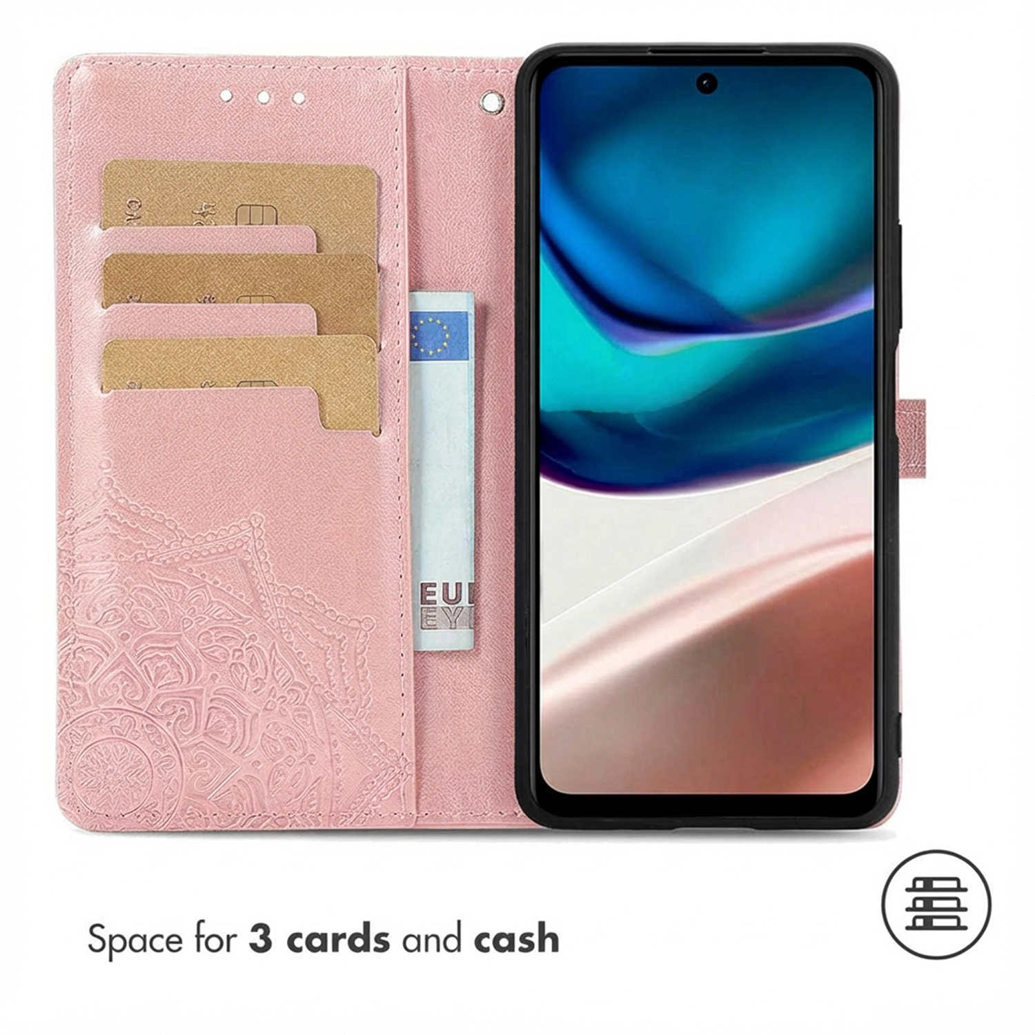 Roze telefoonhoesje open, met 3 kaartsleuven en een geldvak. Telefoonscherm zichtbaar.