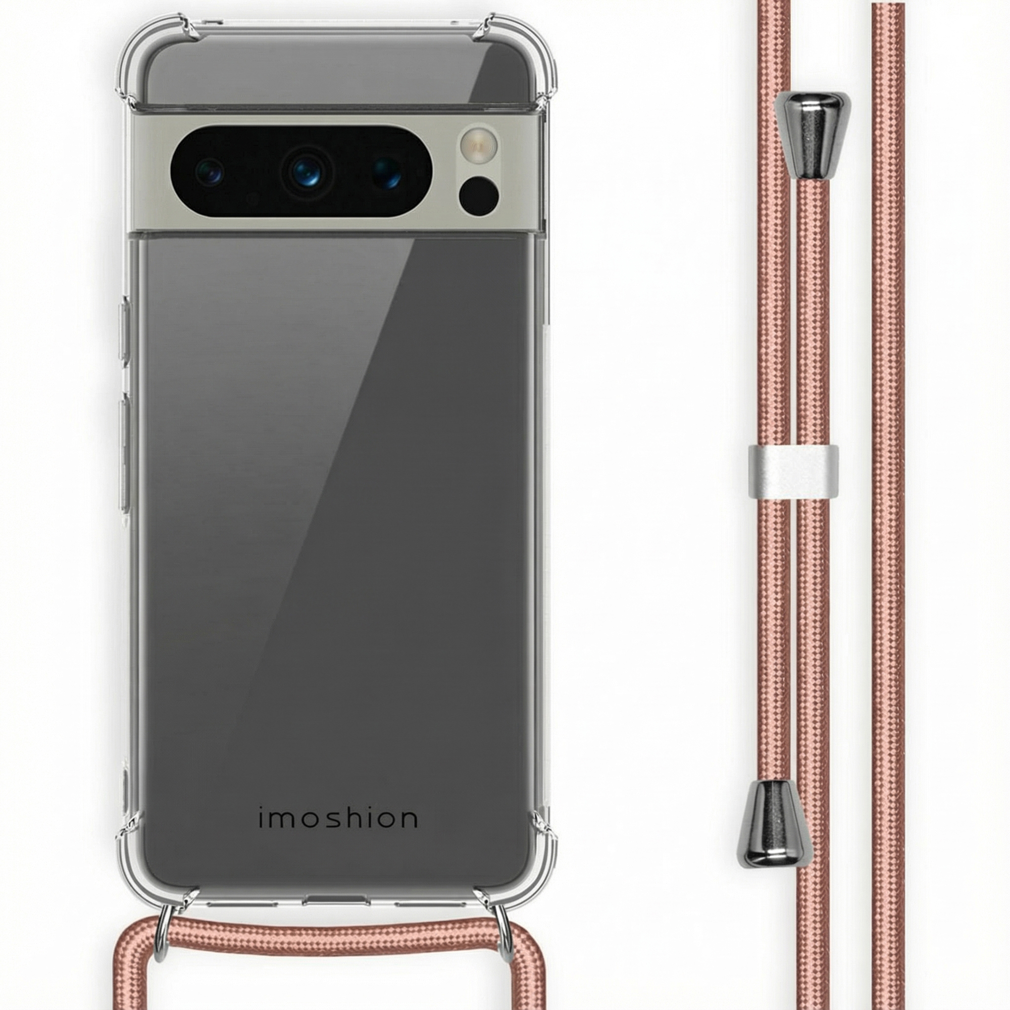 Une coque de téléphone transparente avec module caméra et lanière.