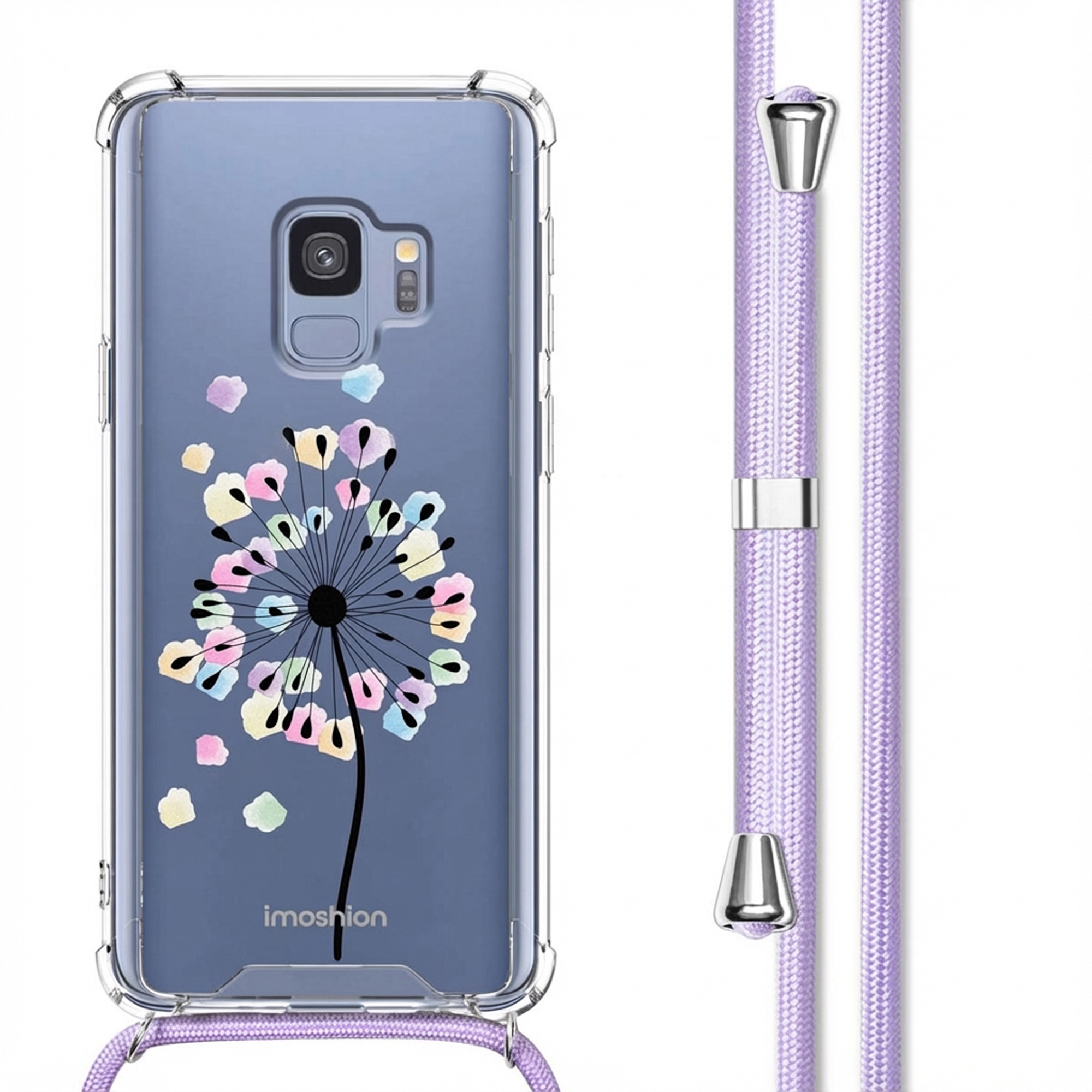 Coque de téléphone transparente avec imprimé pissenlit pastel et cordon violet.