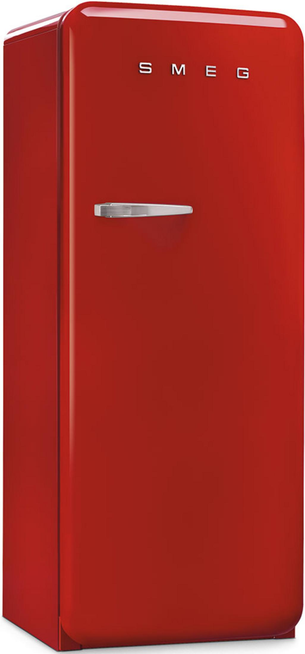 Un frigorifero SMEG rosso con maniglia e logo argentati.