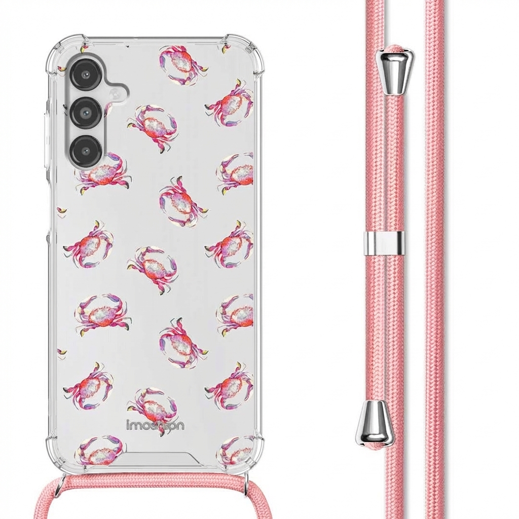 Transparante telefoonhoes met roze krabbenpatroon en roze koord.