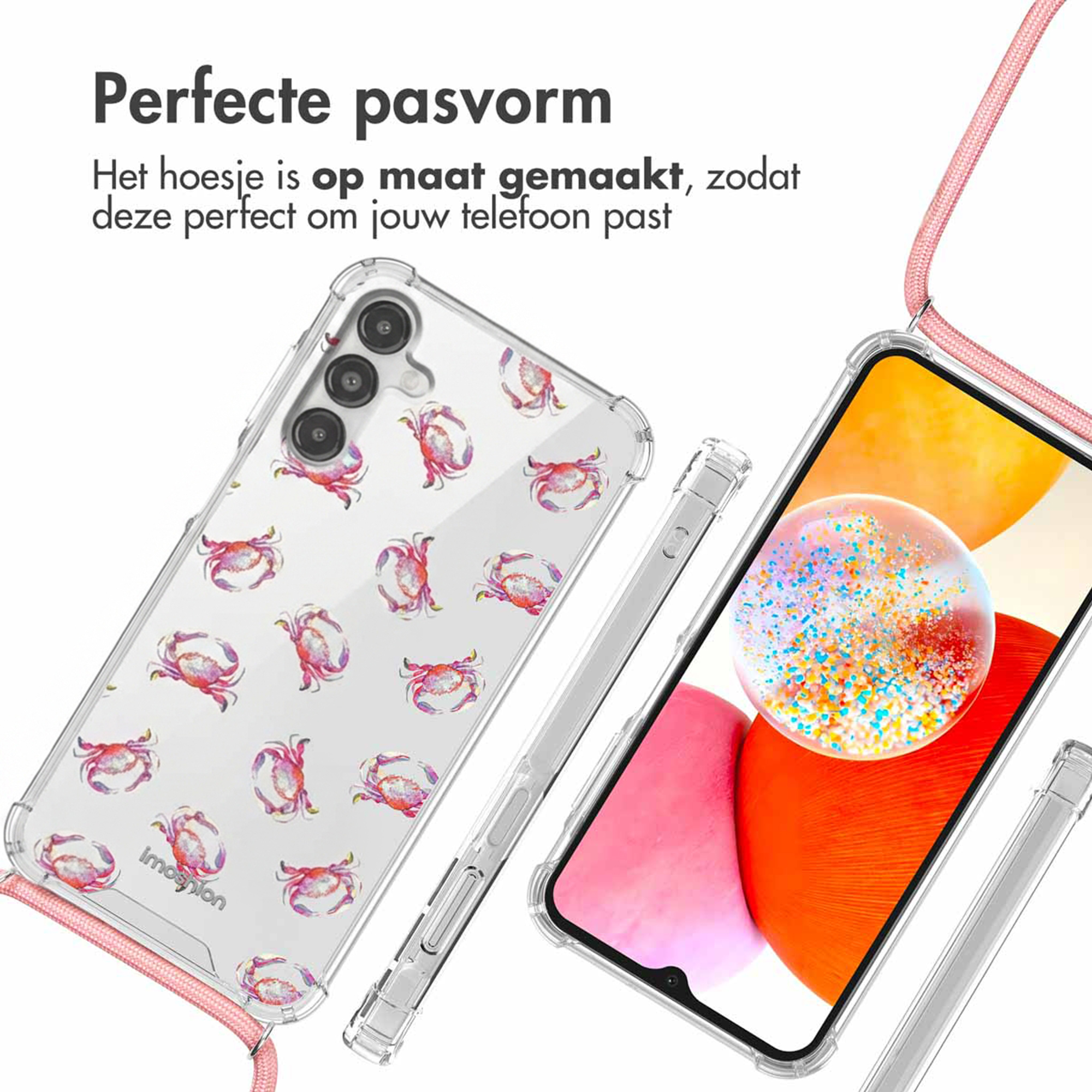 Transparante telefoonhoes met roze krabprint en roze nekband.