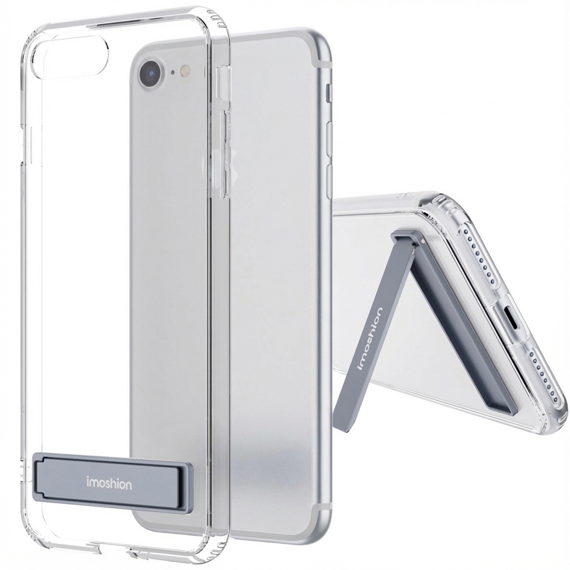 Une coque de téléphone transparente avec un support intégré sur fond blanc.