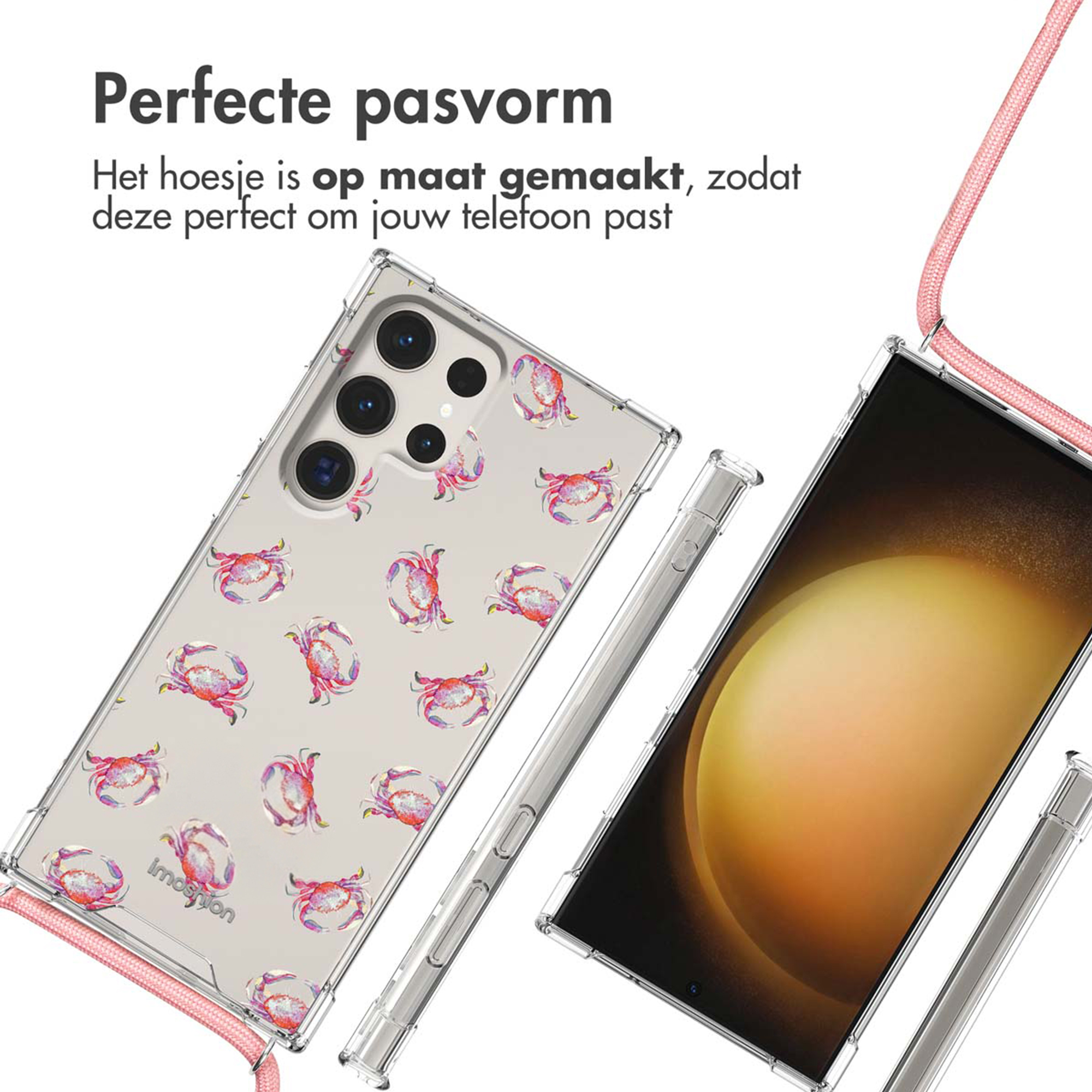 Transparante telefoonhoes met krabbenprint en roze koord.
