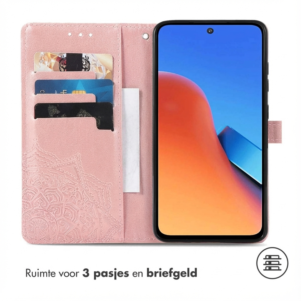 Étui de téléphone rose avec fentes pour cartes et un smartphone.