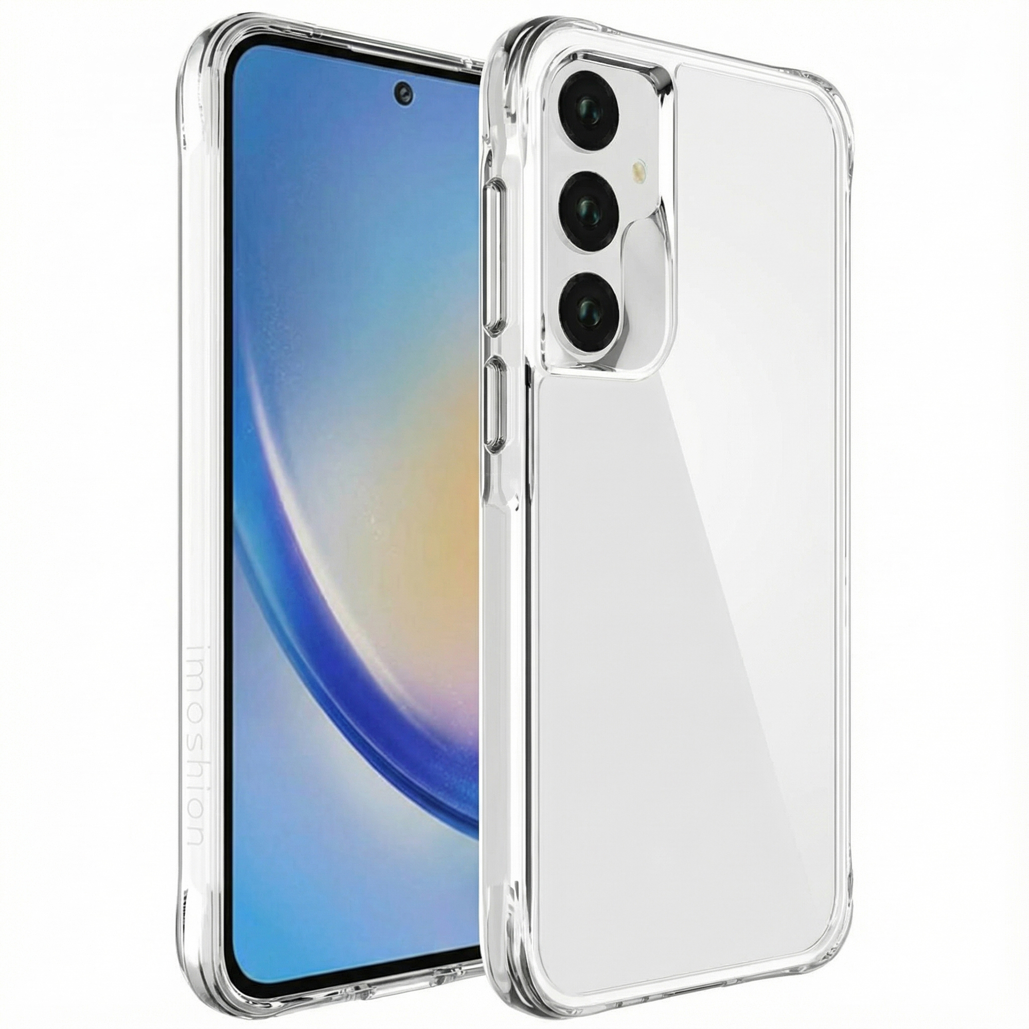 Doorzichtige telefoonhoes mockup met smartphone en drie camera's.