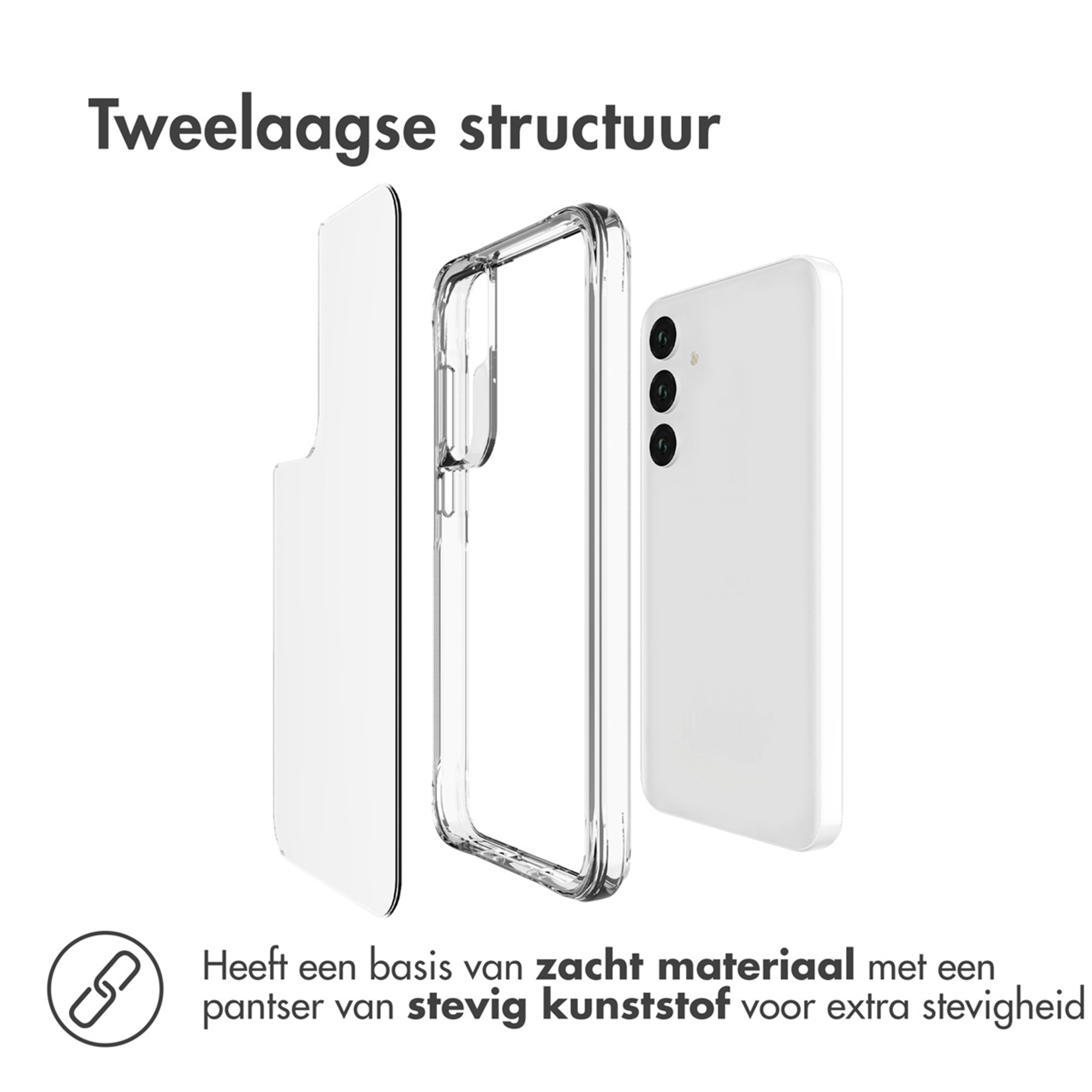 Twee-laagse structuur: Wit toestel met doorzichtige hoes en displaybeschermer.