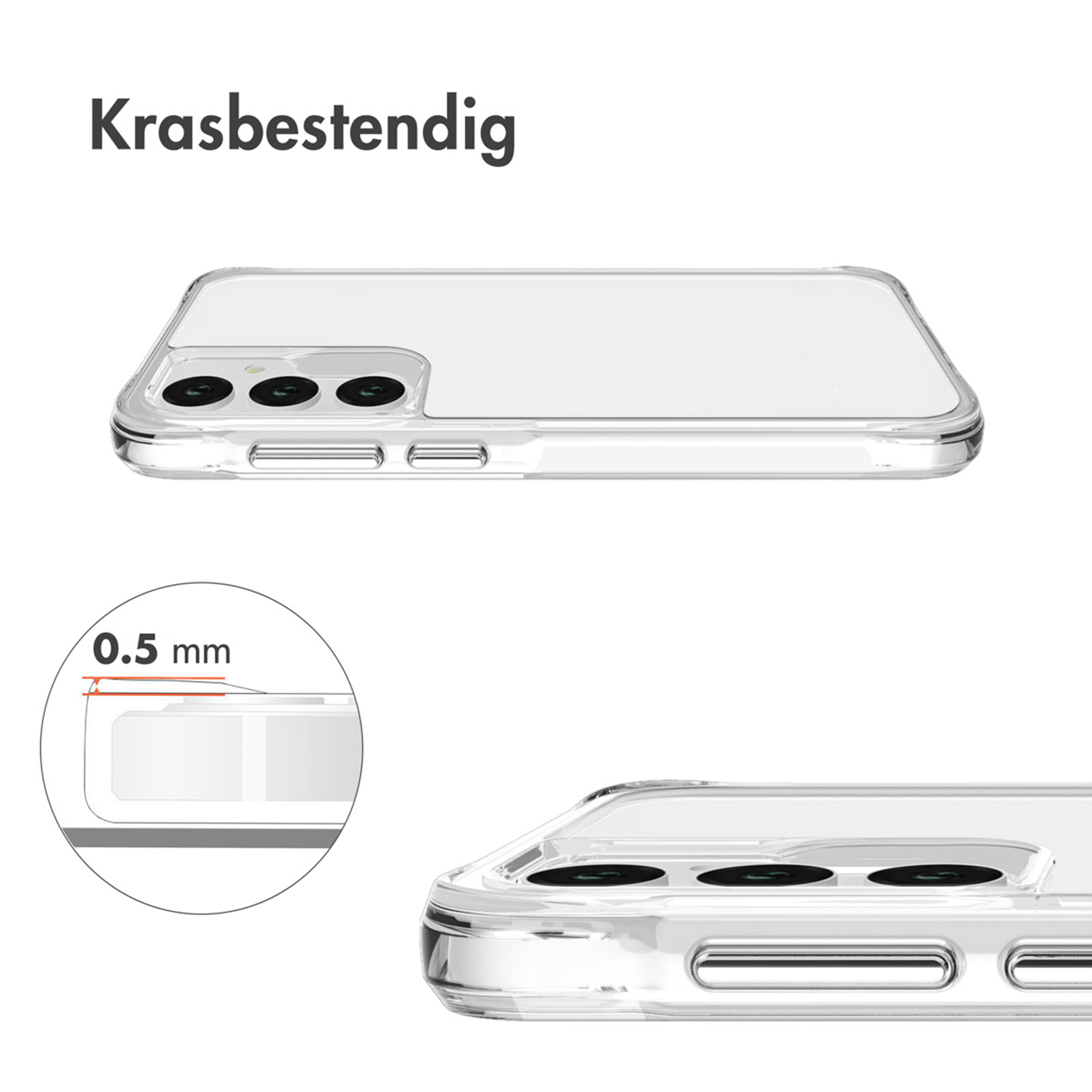 Transparante telefoonhoes, 0.5mm dik, toont cameralenzen.