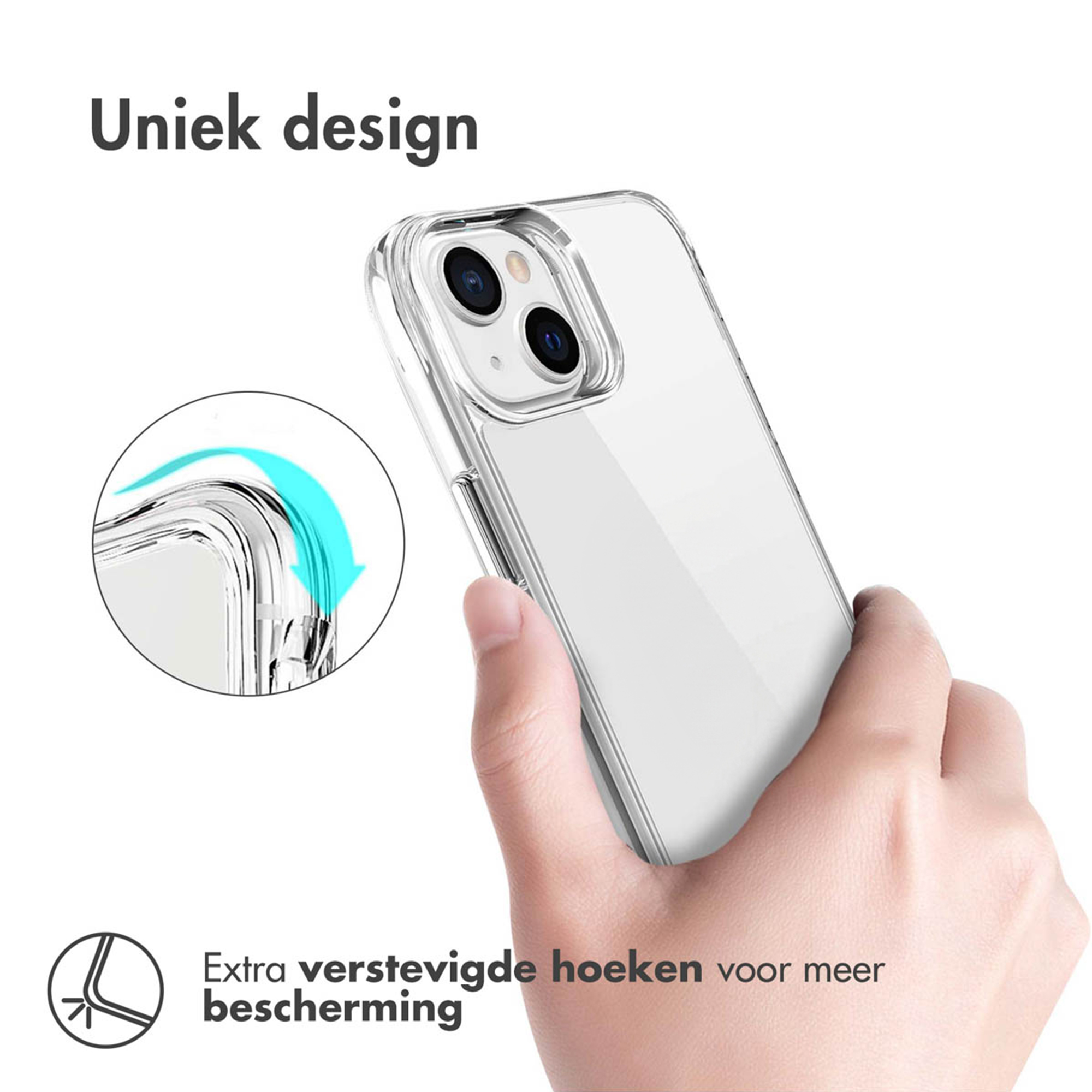 Une main tient une coque de téléphone transparente aux coins renforcés.