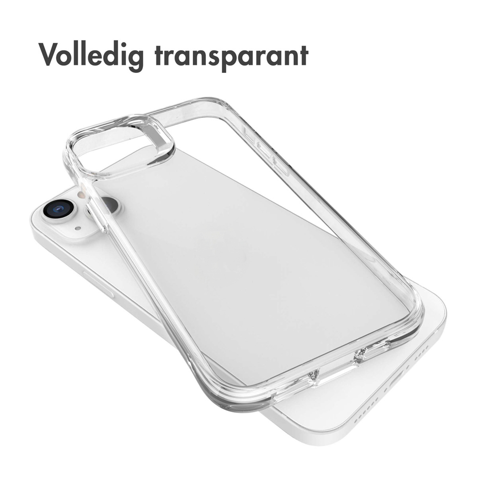 Une coque de téléphone transparente repose sur un smartphone blanc, montrant des lentilles.