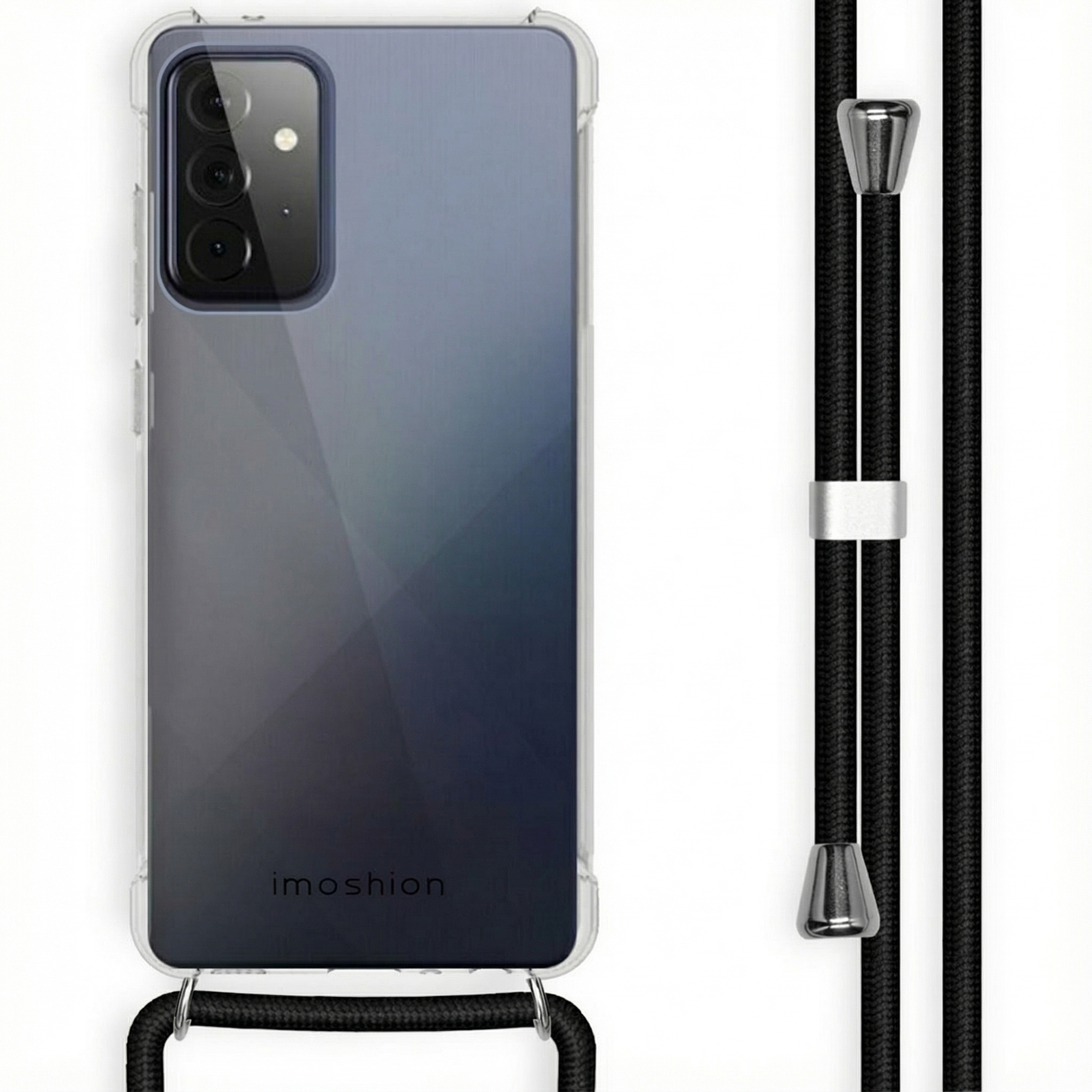 Coque de téléphone transparente avec cordon noir et accents argentés.