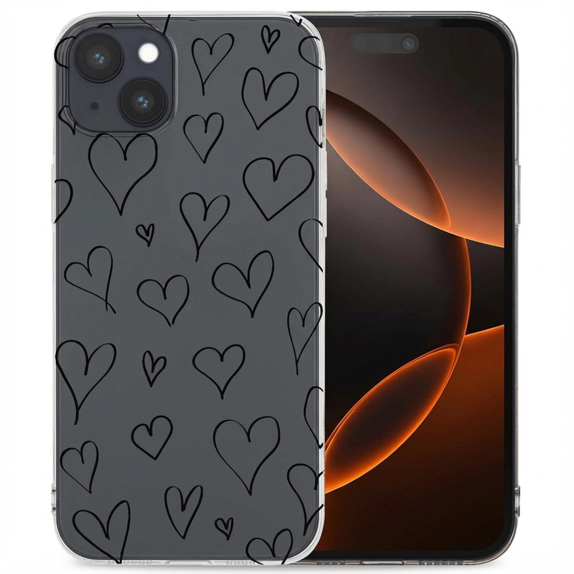Een doorzichtige telefoonhoes met zwarte harten bedekt een smartphone.
