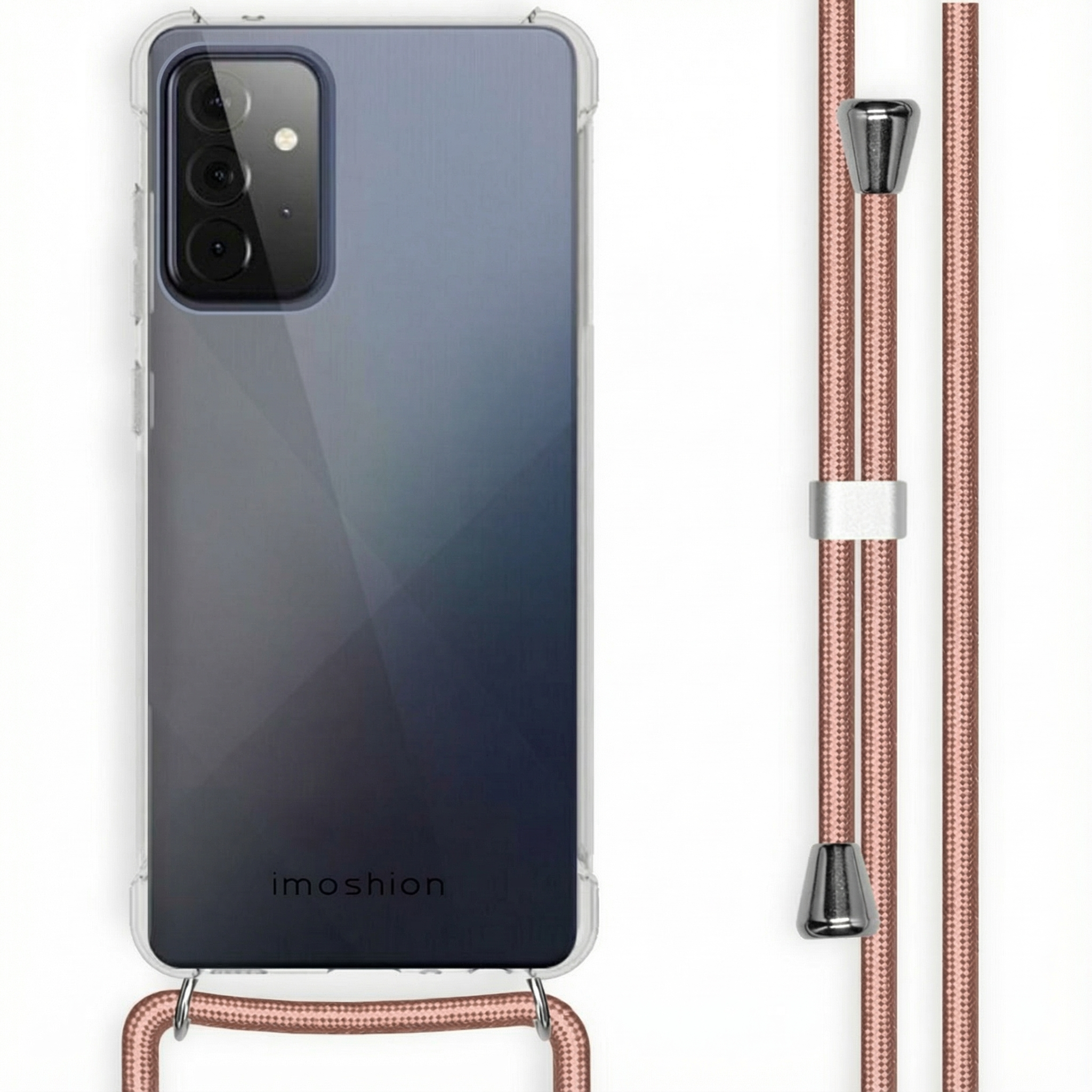 Coque de téléphone transparente avec cordon rose doré et accents métalliques.