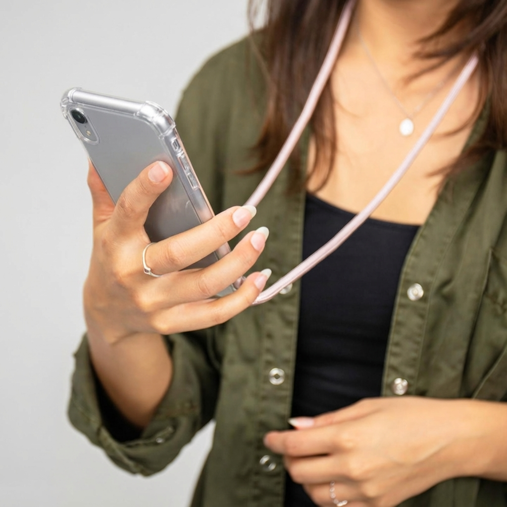 Une femme tient un smartphone dans un étui transparent avec une lanière rose.