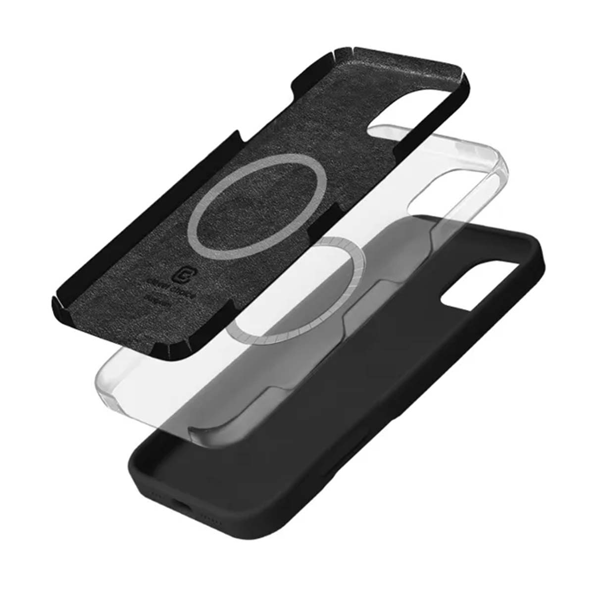 Vista esplosa di una cover nera per telefono con strato intermedio trasparente.