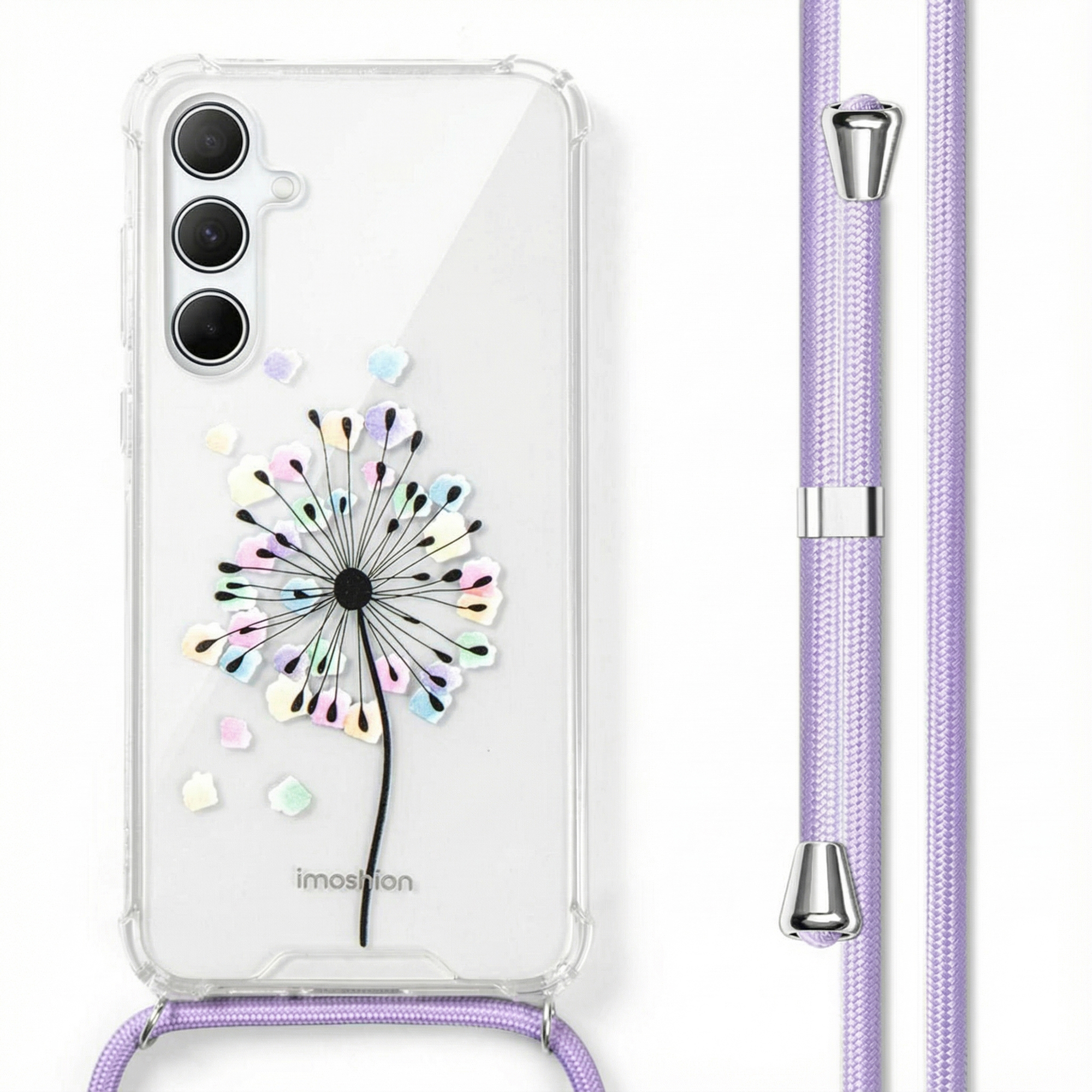 Coque transparente pour téléphone avec motif pissenlit coloré et cordon violet.