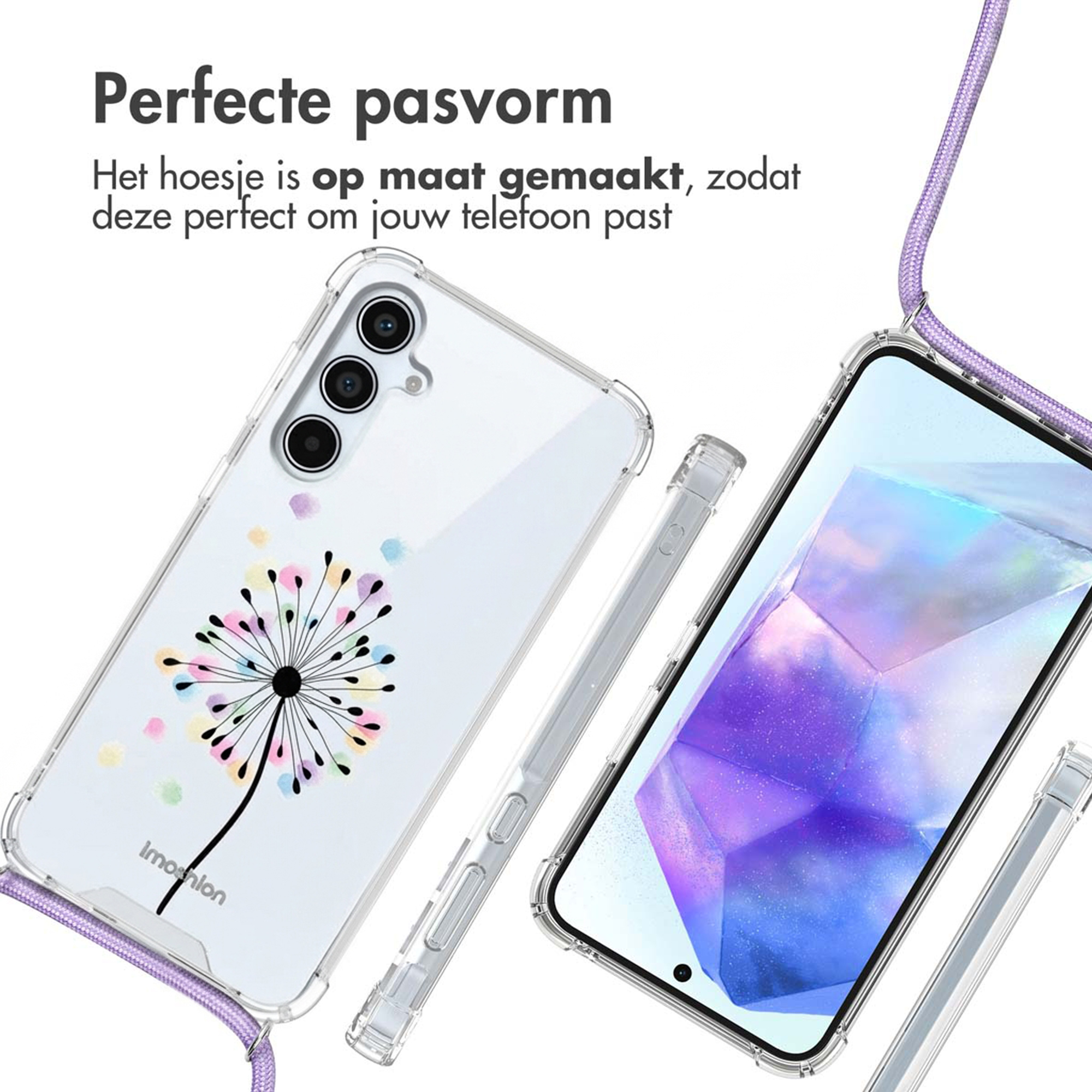 Coque de téléphone transparente avec motif pissenlit coloré et cordon violet.