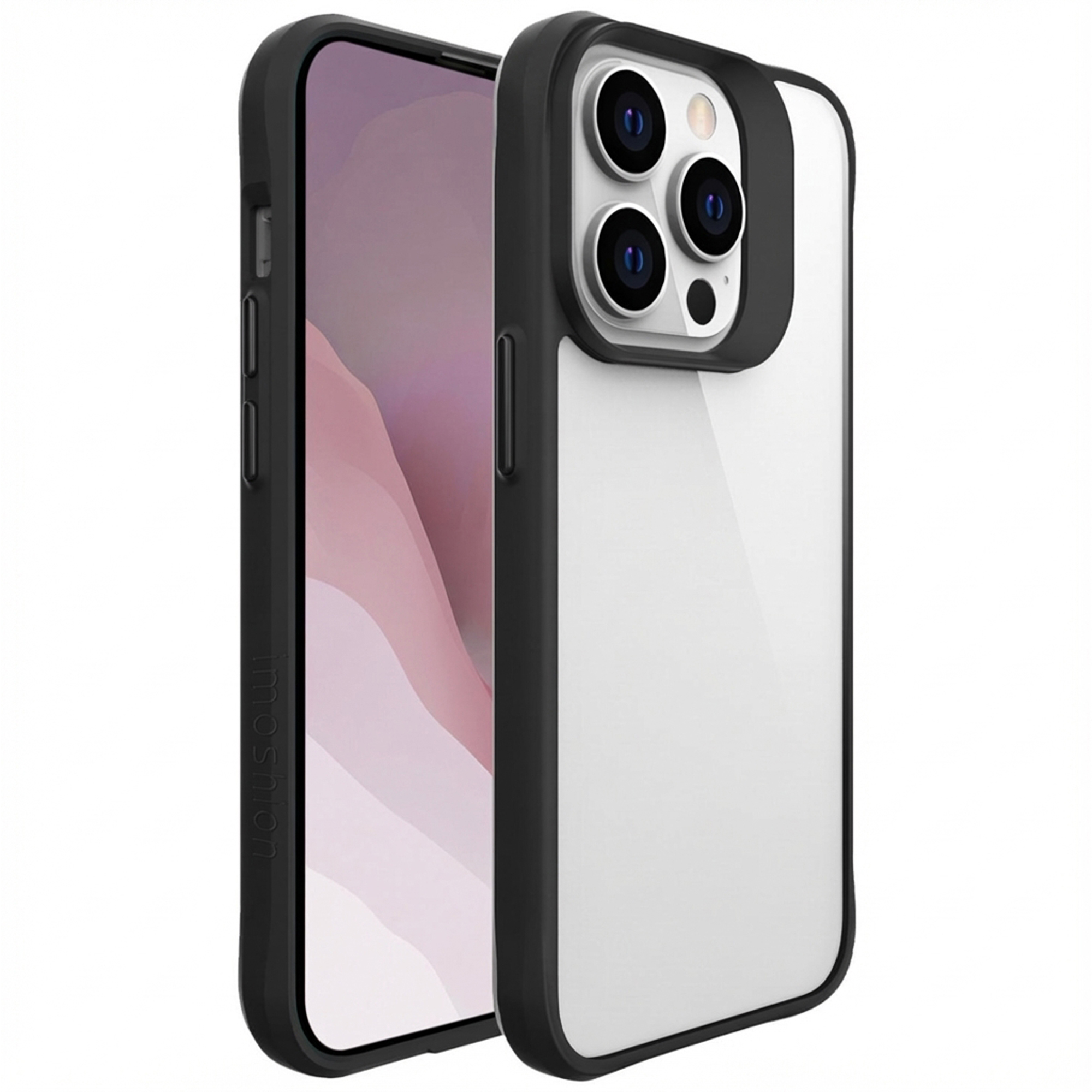 Een zwarte iPhone-hoes met drie camera's op een witte achtergrond.