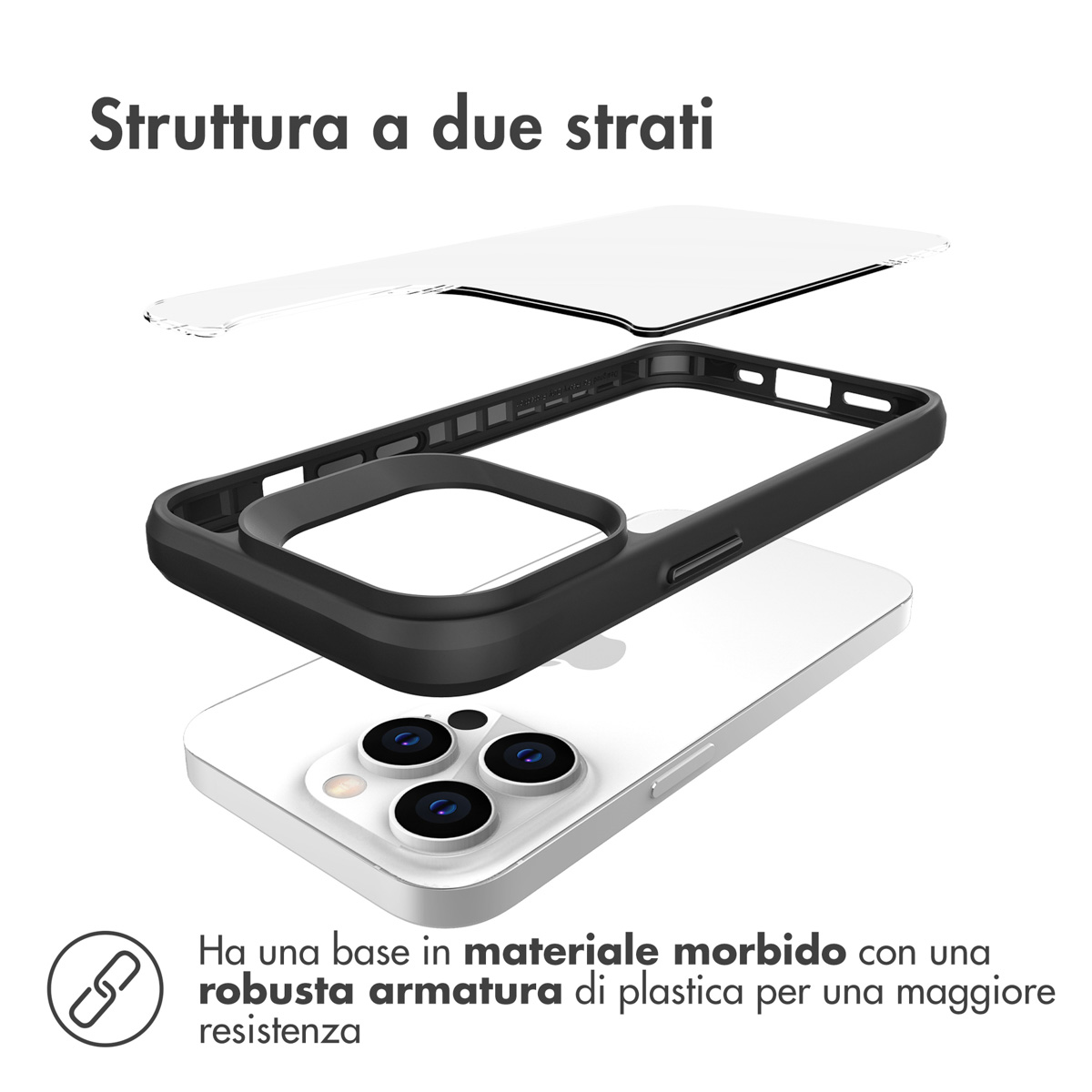 Tweelaagse hoes voor een iPhone met camera's en tekst.