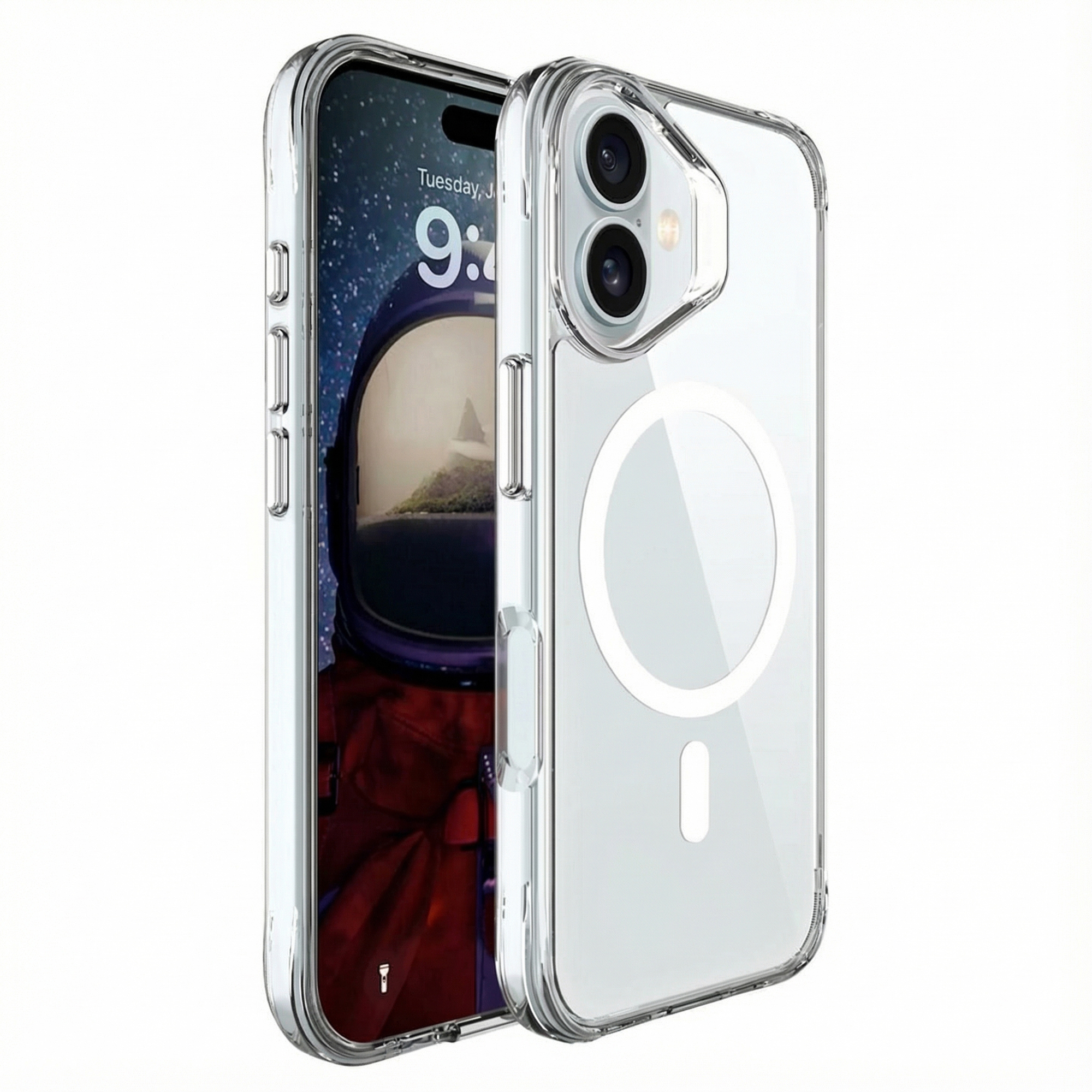 Een doorzichtige telefoonhoes met magneetring op een telefoon met astronautenachtergrond.