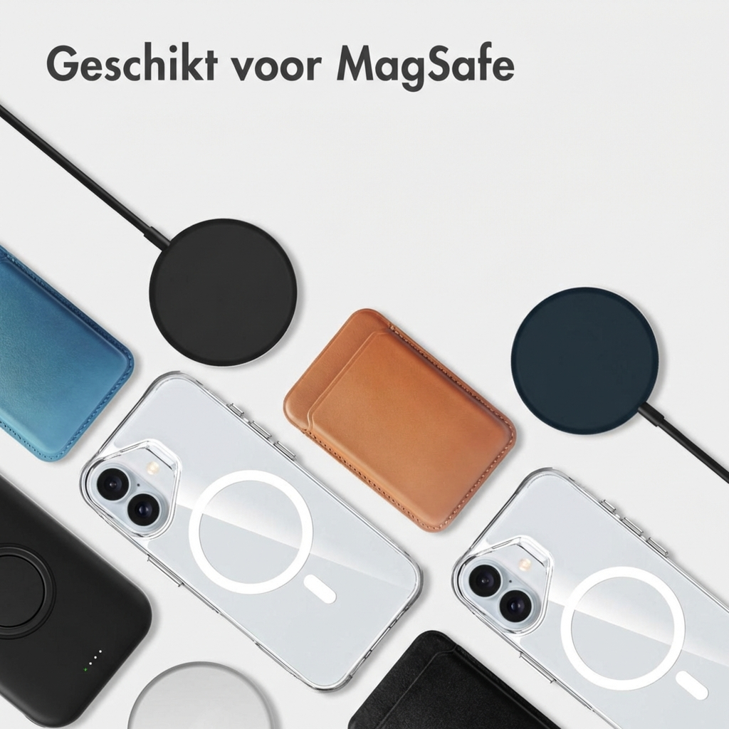 Meerdere MagSafe-compatibele iPhones en laders op een witte achtergrond.