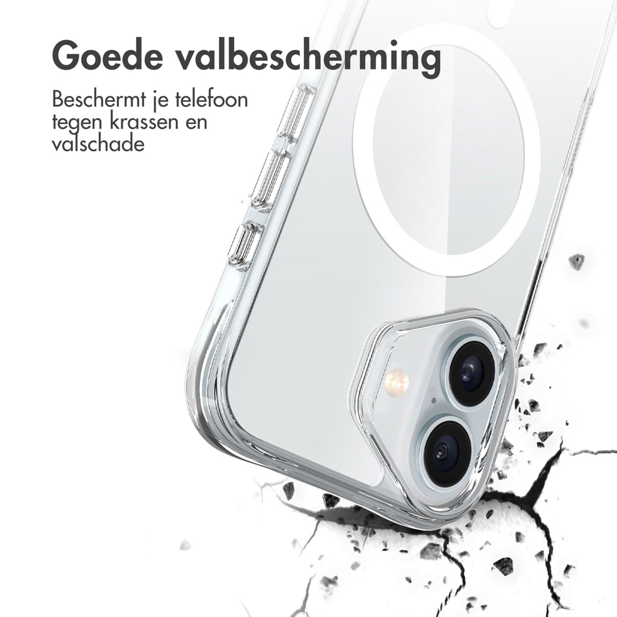 Transparante telefoonhoes met camera's en tekst die op gebarsten witte ondergrond valt.
