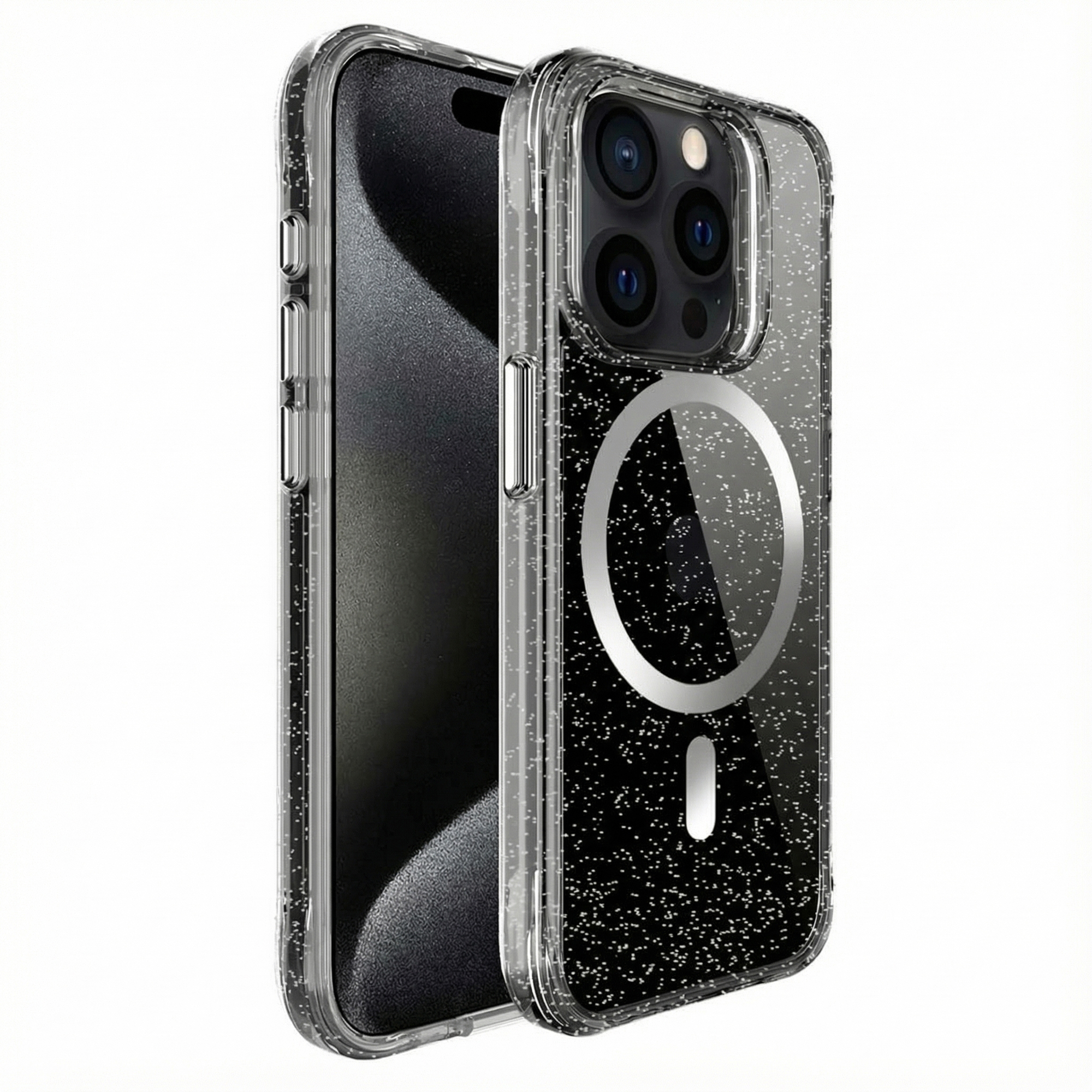 Doorzichtige glitter hoes voor smartphone met camera's. MagSafe ring zichtbaar.