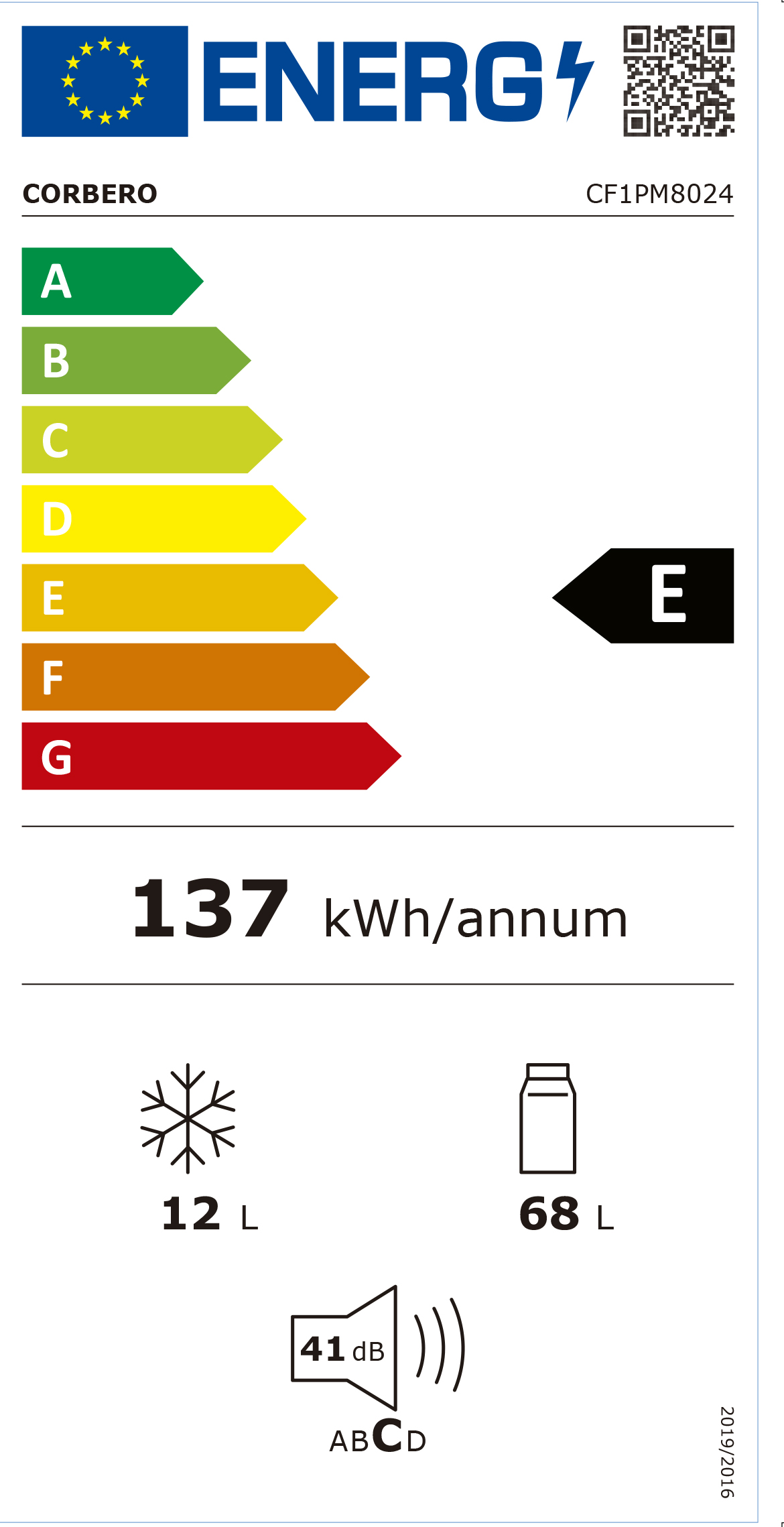 Etiqueta energética Corbero CF1PM8024. Clase E. 137 kWh/año. Congelador 12L, Frigorífico 68L. Nivel de ruido 41 dB.