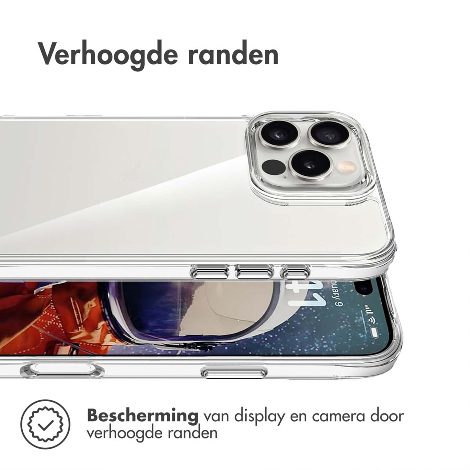Une coque de téléphone transparente présente des bords surélevés autour de l'appareil photo et de l'écran.