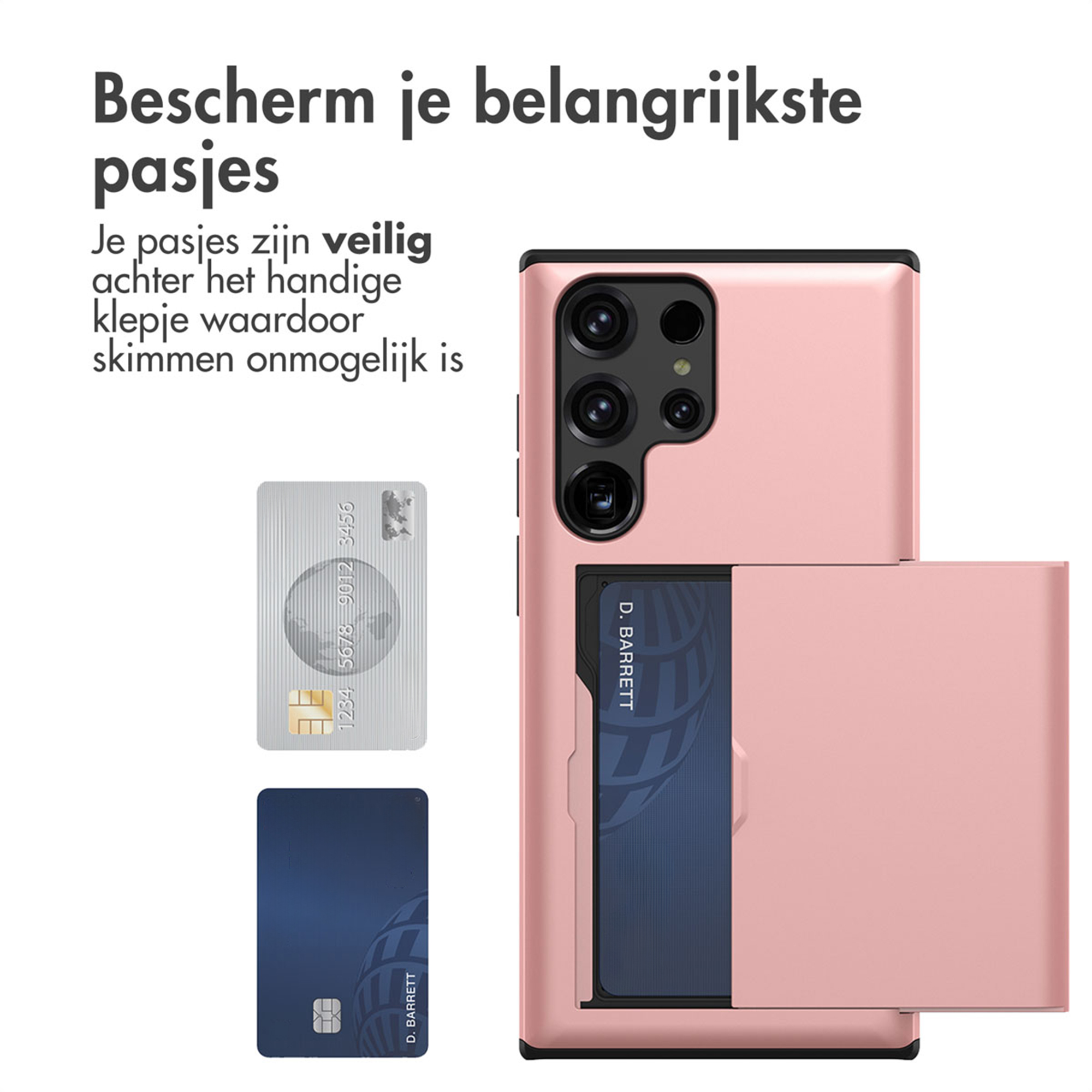 Un étui de téléphone rose avec un emplacement pour cartes et deux cartes de crédit.