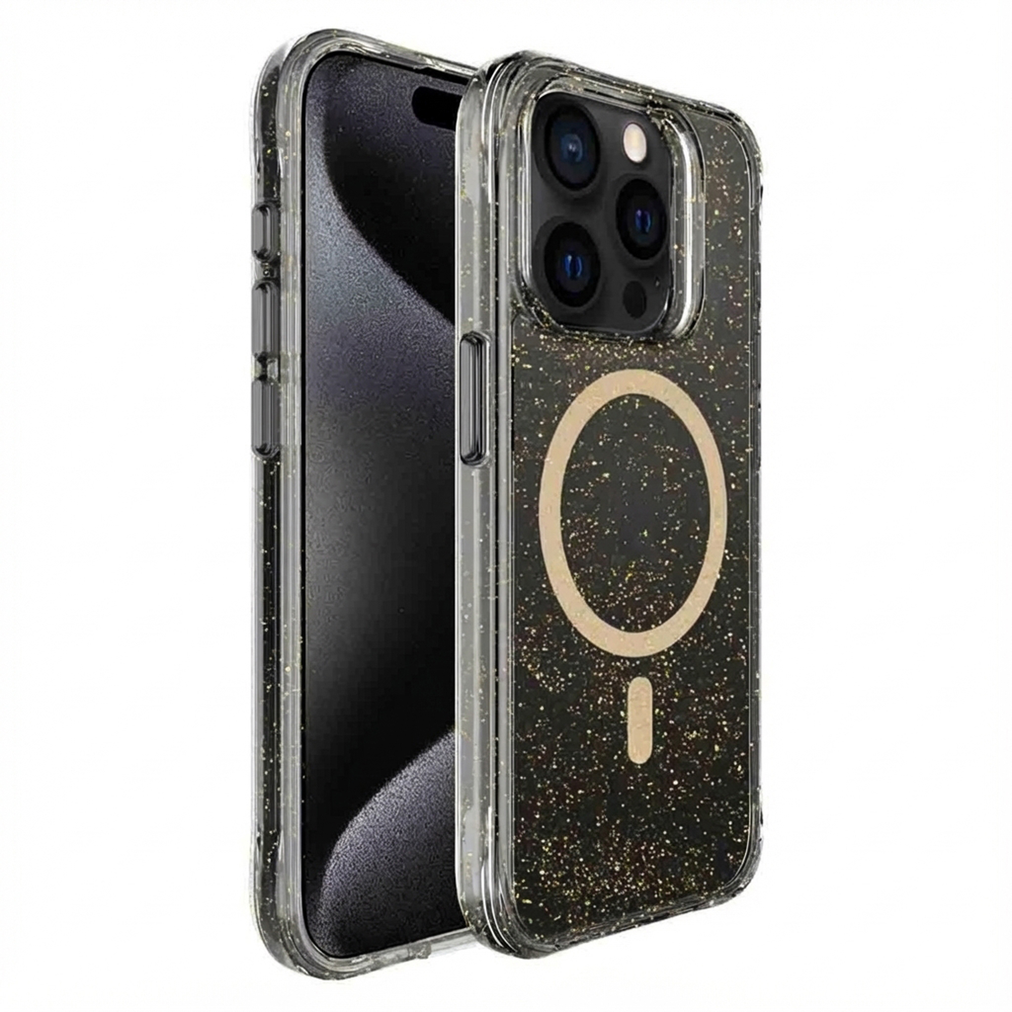Coque transparente avec paillettes dorées sur un iPhone noir, dotée d'un anneau magnétique circulaire.