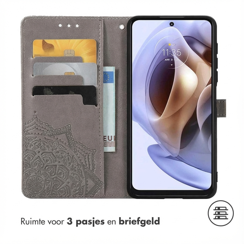 Étui de téléphone gris avec emplacements pour cartes et compartiment à billets.