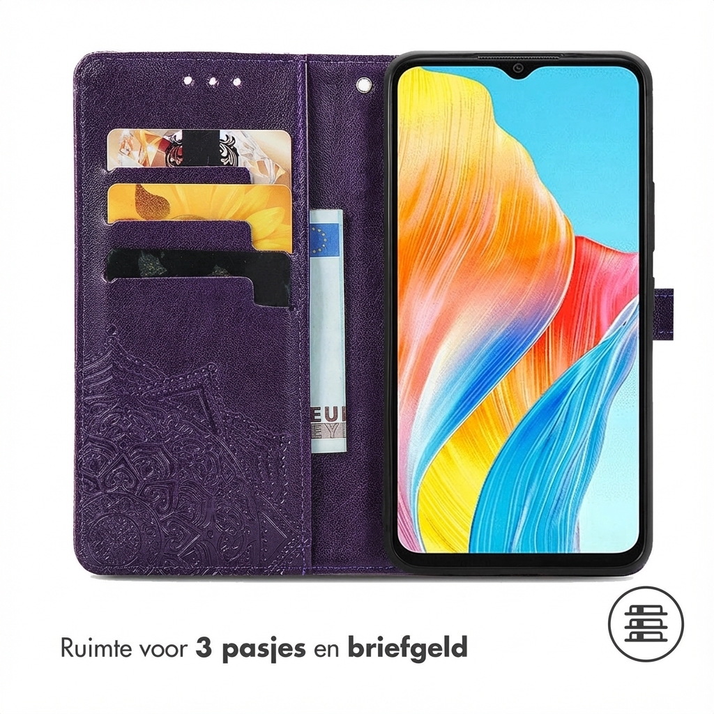 Étui portefeuille violet pour téléphone avec fentes pour cartes et poche à billets. Téléphone allumé.
