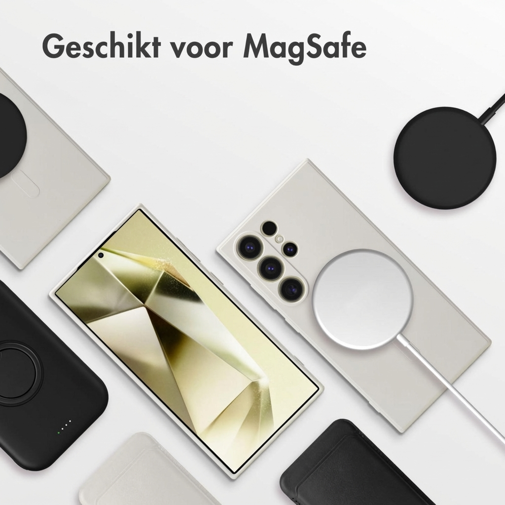 Un smartphone de couleur claire avec chargeur MagSafe et accessoires sur fond blanc.