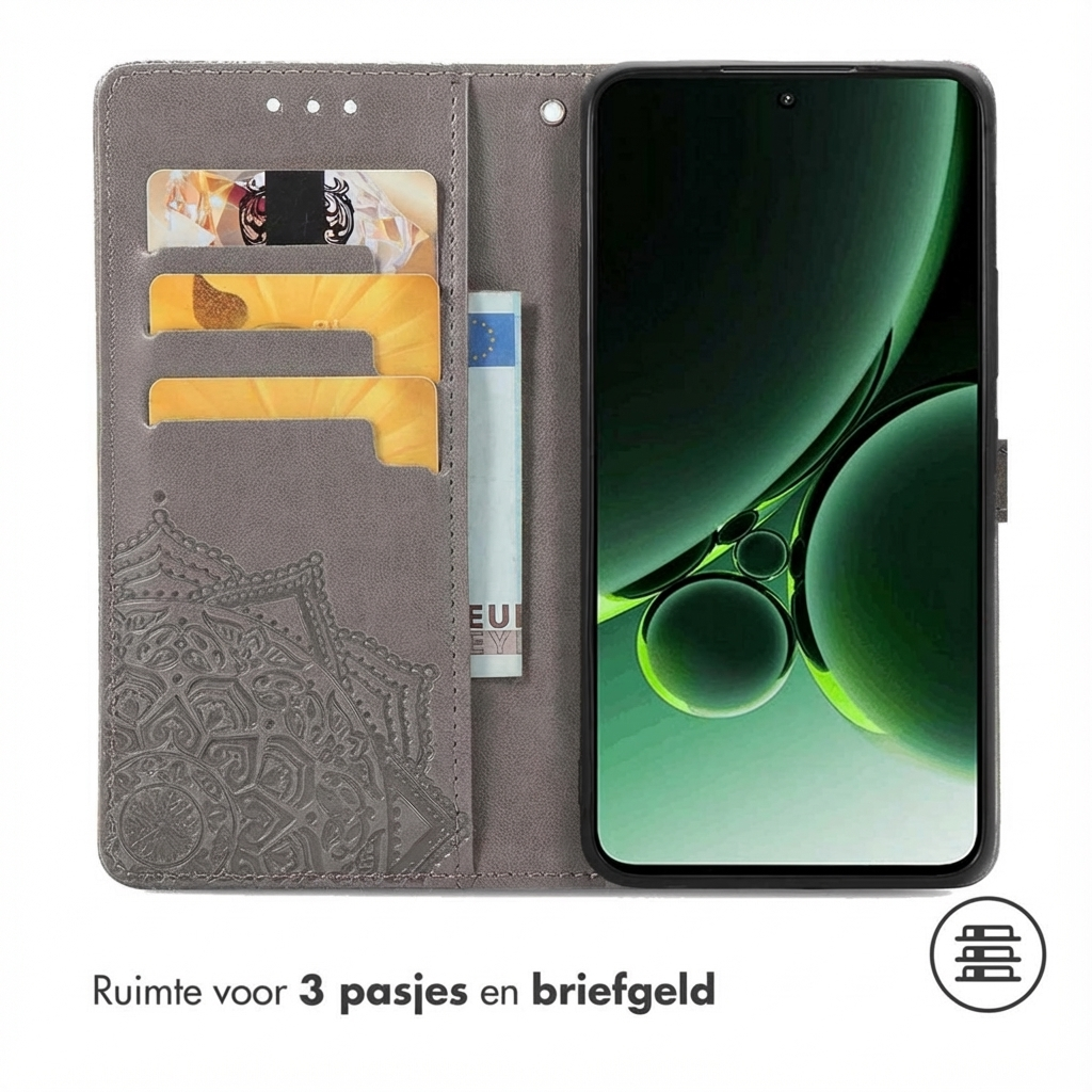 Étui de téléphone gris avec fentes pour cartes, poche à billets et gaufrage mandala.