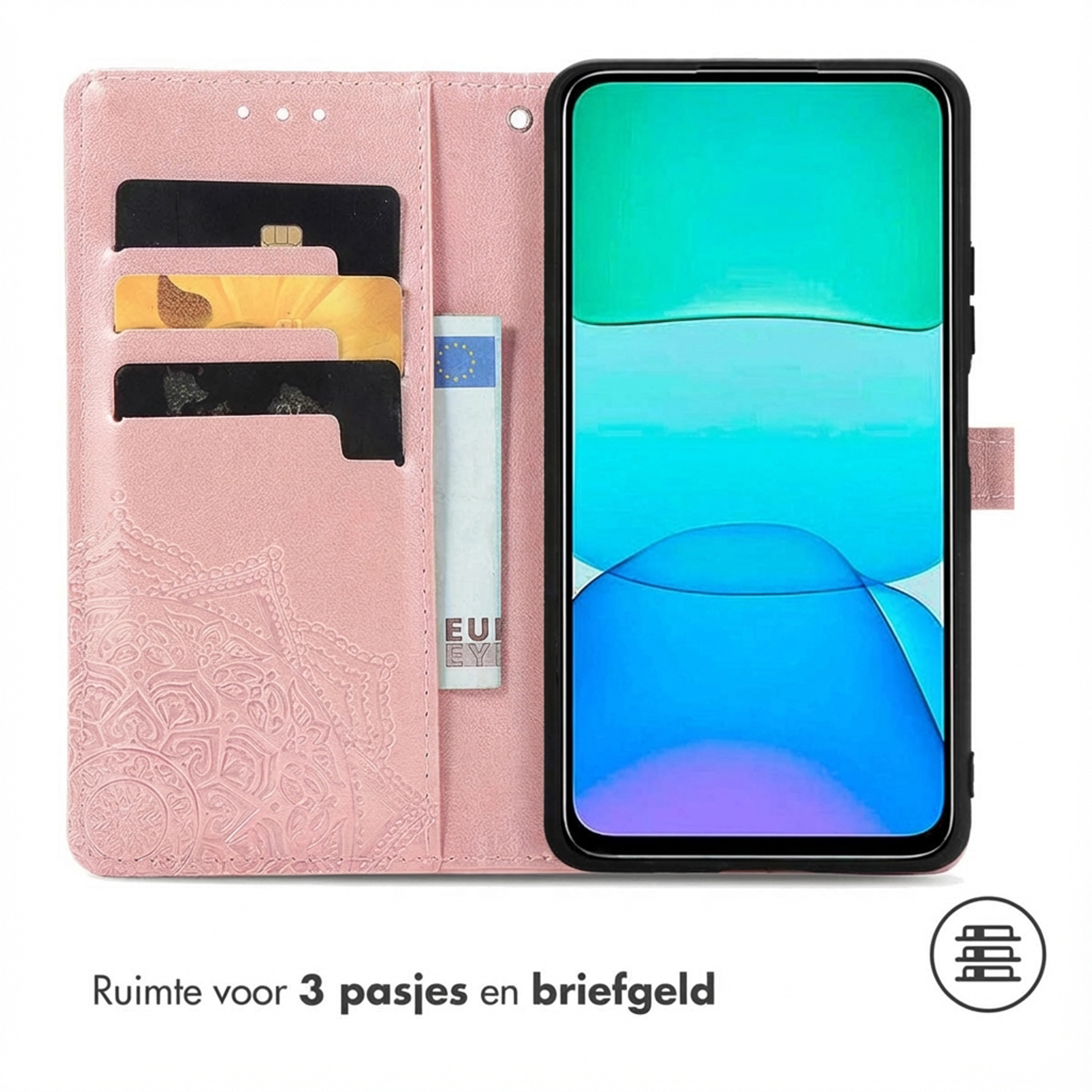 Étui de téléphone rose avec fentes pour cartes et compartiment à billets.