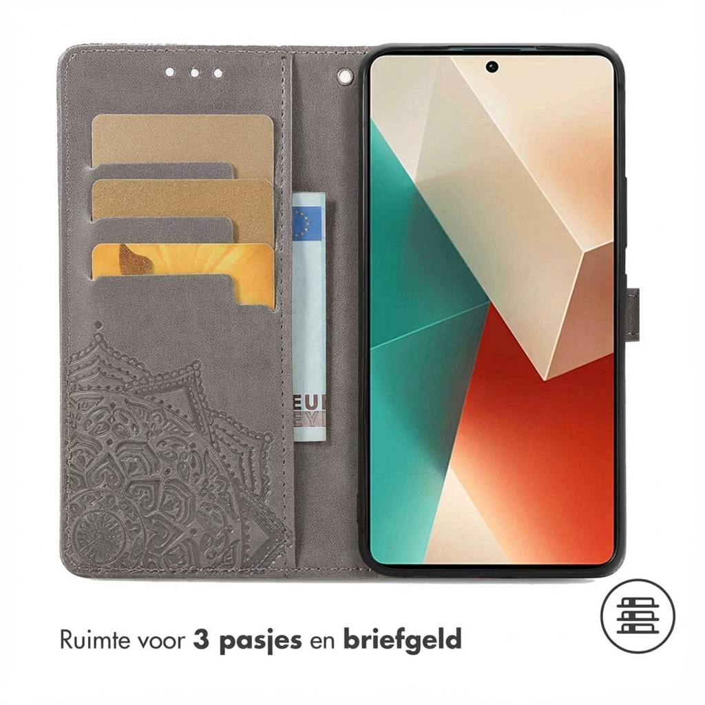 Étui de téléphone gris avec fentes pour cartes, compartiment à billets et gaufrage mandala.