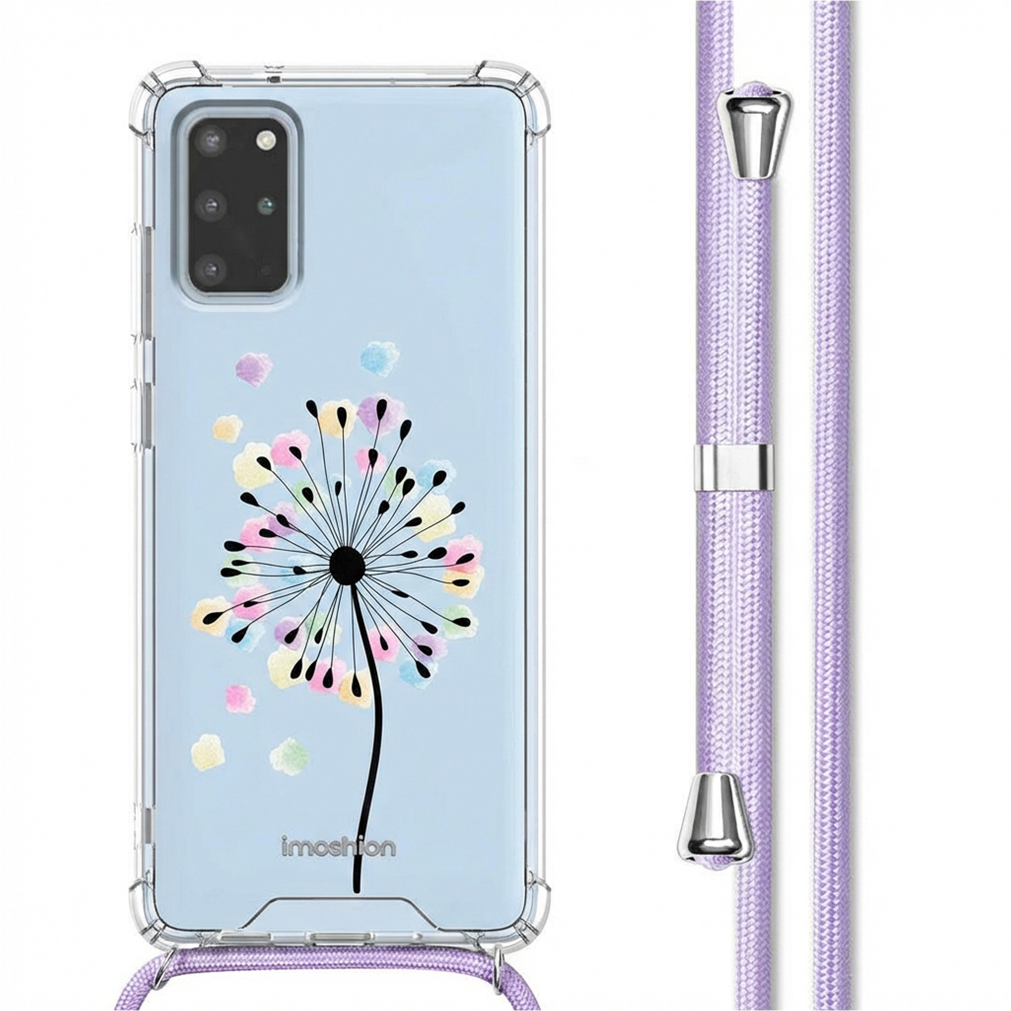Coque transparente avec motif pissenlit et cordon violet