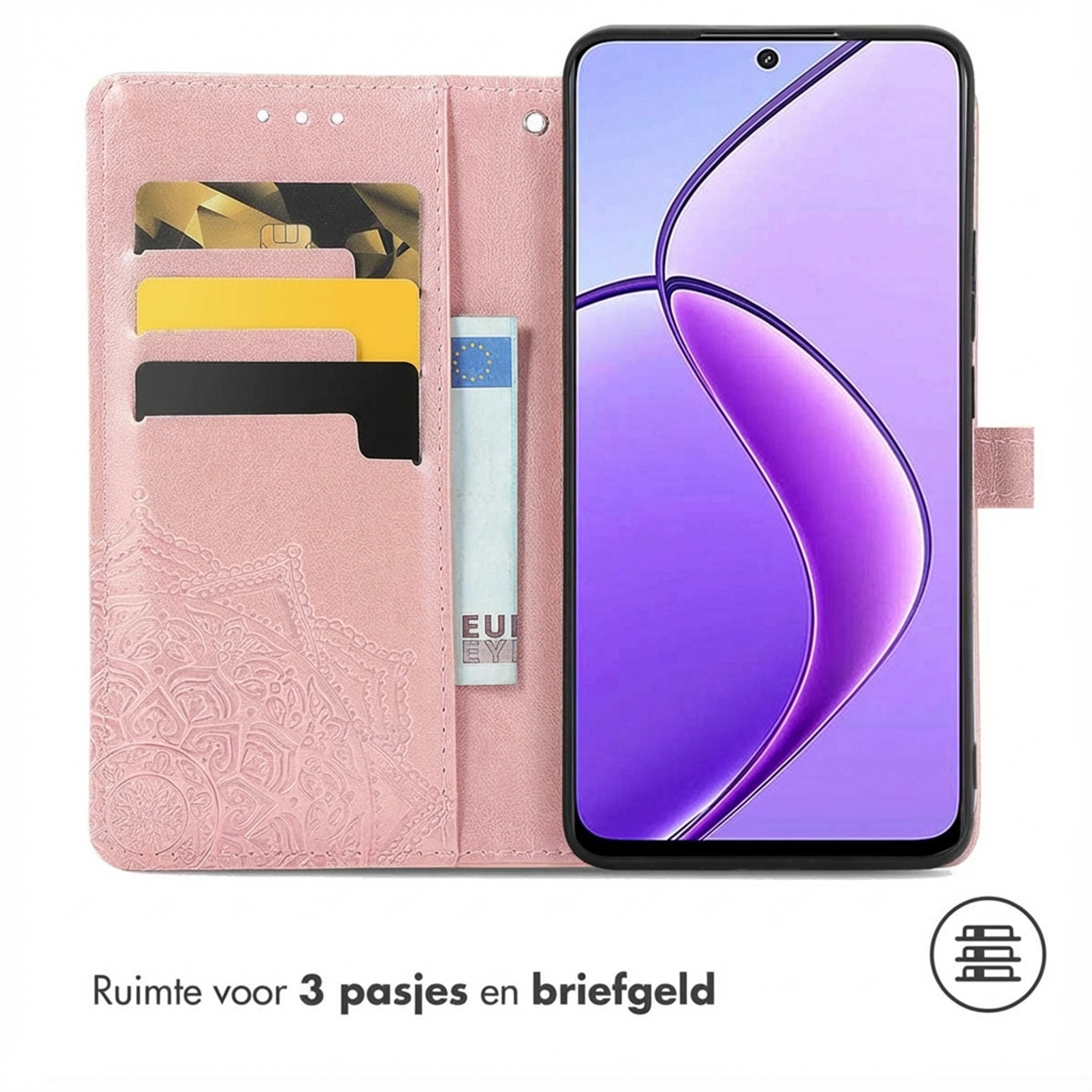 Een roze telefoonhoes met kaartsleuven en een telefoon met paars scherm.