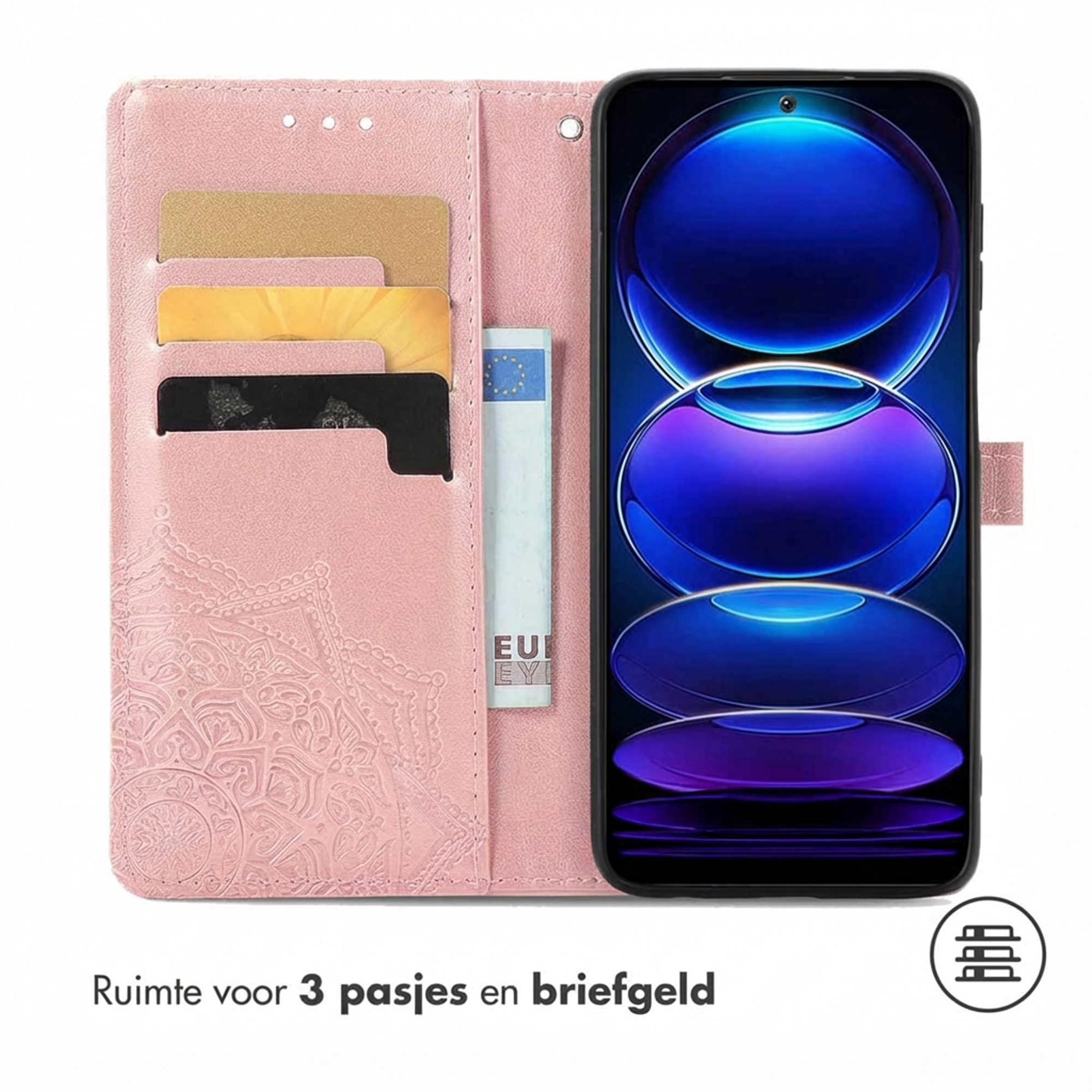 Un étui de téléphone rose avec des fentes pour cartes et une poche pour la monnaie, contenant un téléphone affichant un motif abstrait bleu.
