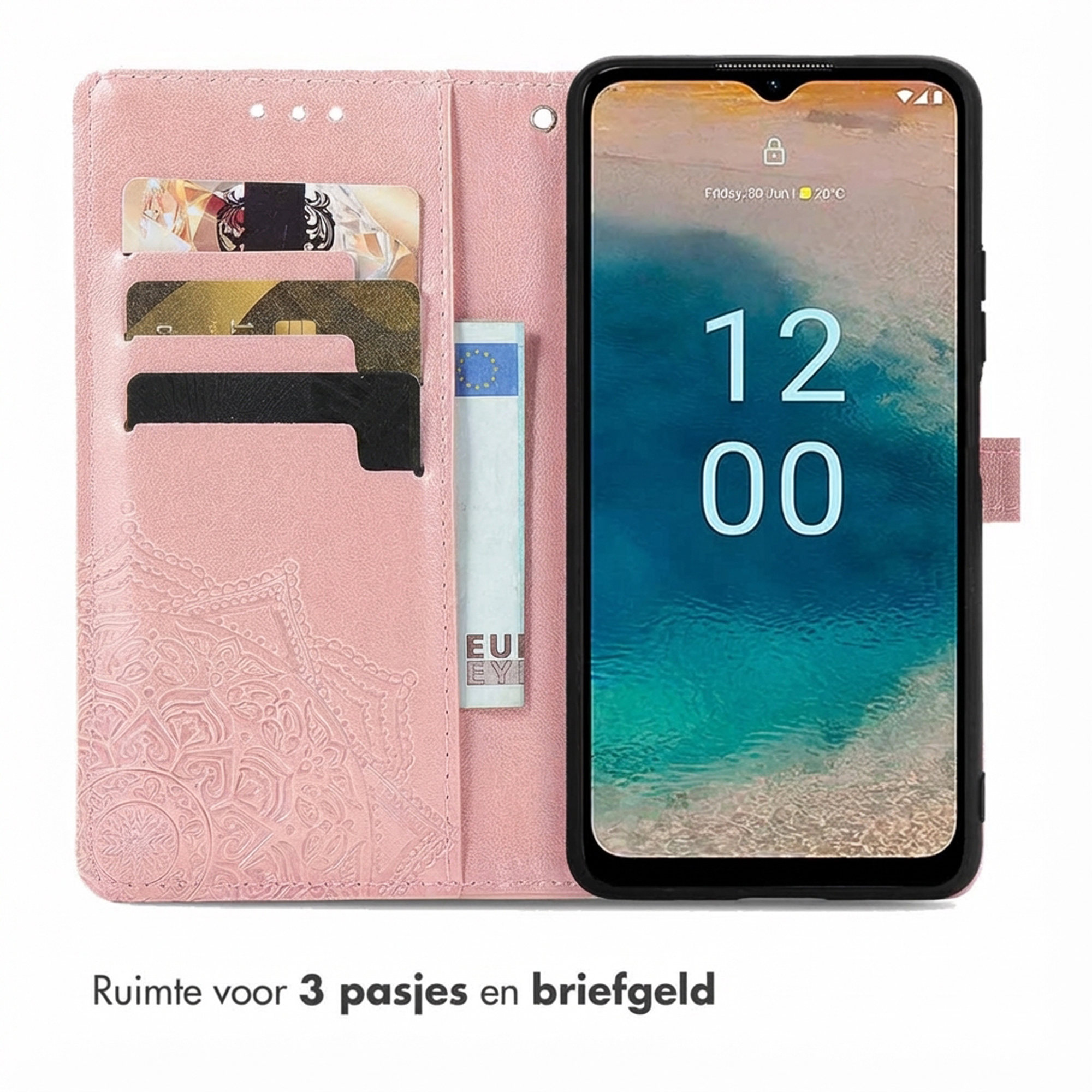Ein rosa Handyhülle mit Kartenfächern und einem Smartphone, das 12:00 Uhr anzeigt.