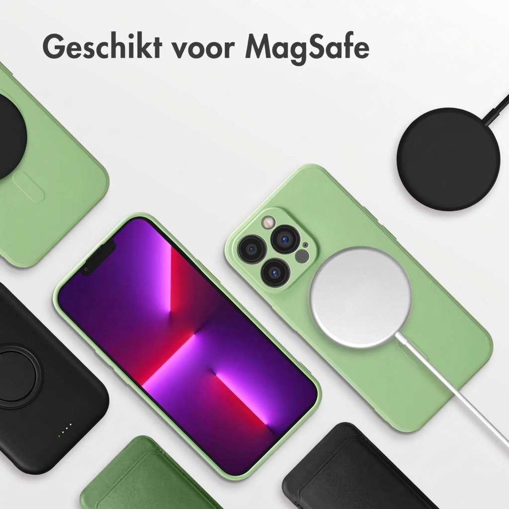 Groene iPhones en MagSafe-laders gerangschikt op witte achtergrond.