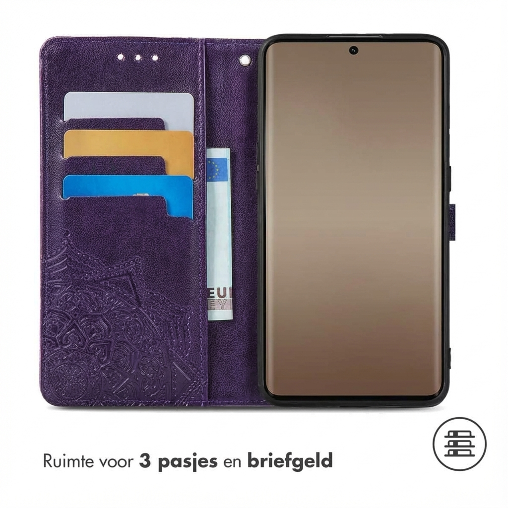 Paarse telefoonhoes met kaartsleuven en geldvak. Van boven naar beneden: witte, gele, blauwe kaarten.