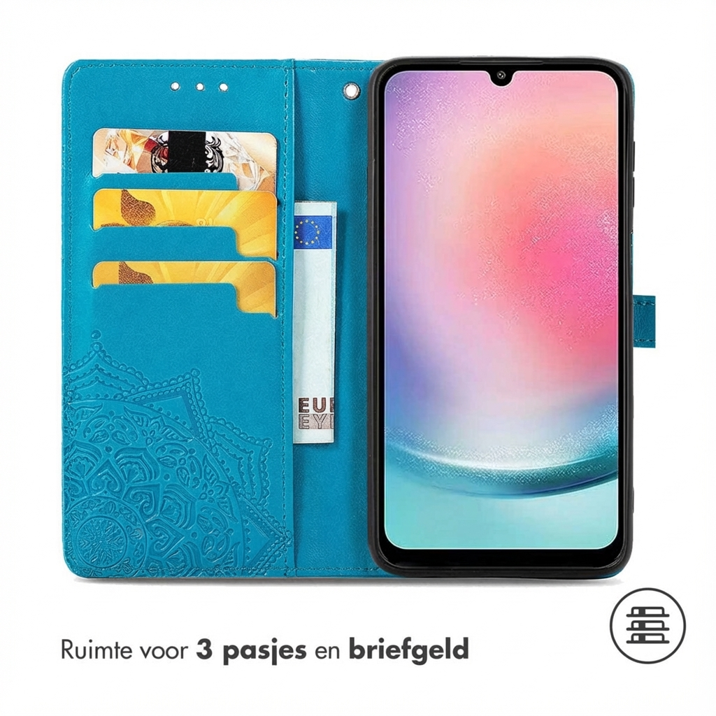Turquoise telefoonhoes met kaartsleuven, mandala patroon en smartphone.